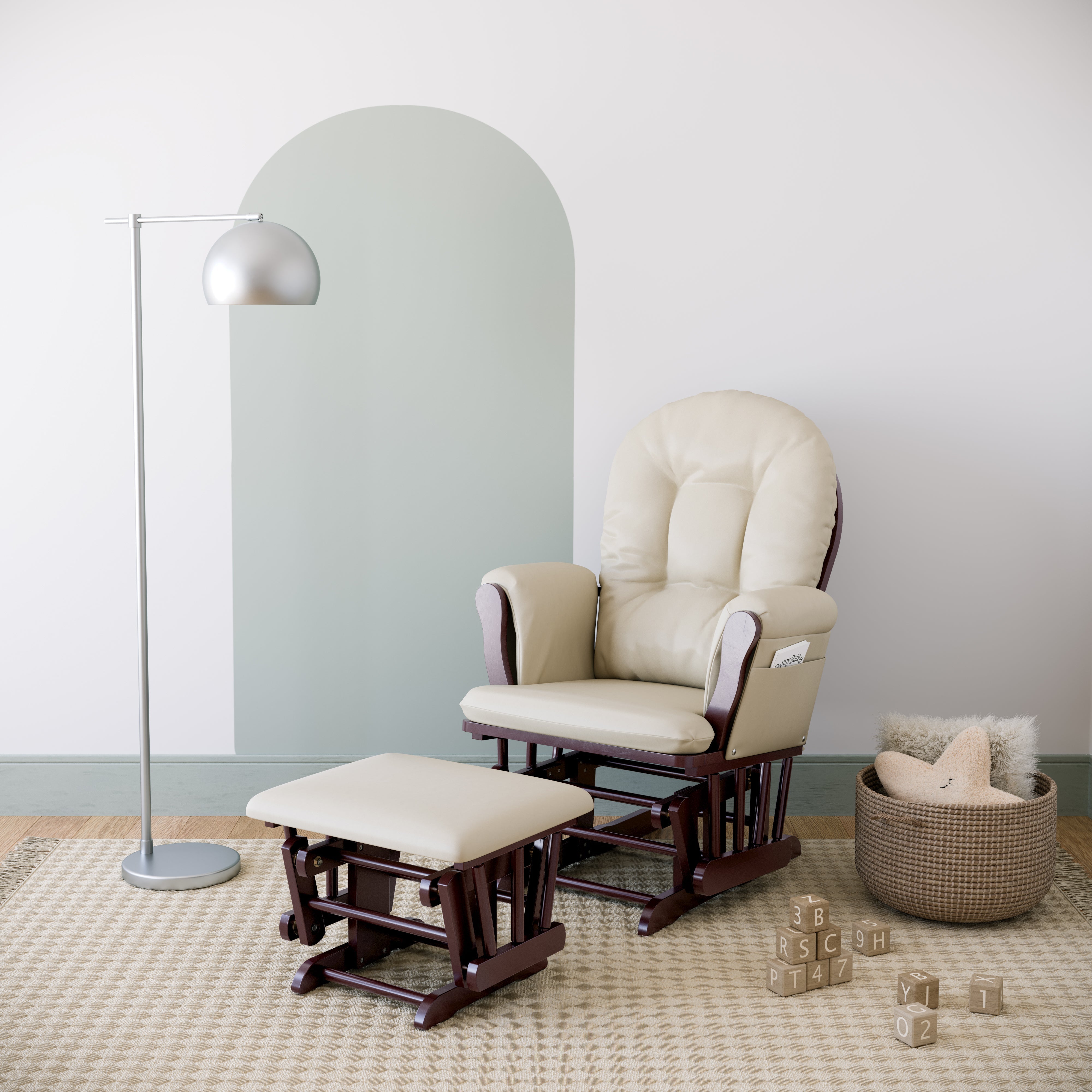 cherry glider and ottoman with beige cushions in nursery