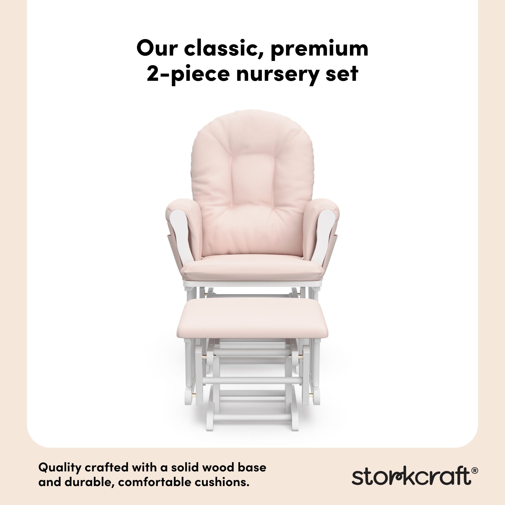 hoop glider and ottoman white frame with pink cushions 2-piece nursery set callout