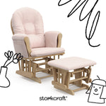 hoop glider and ottoman natural frame with pink cushions with black doodles overlaid on image