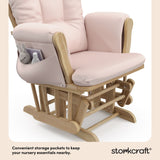 hoop glider and ottoman natural frame with pink cushions storage pocket callout