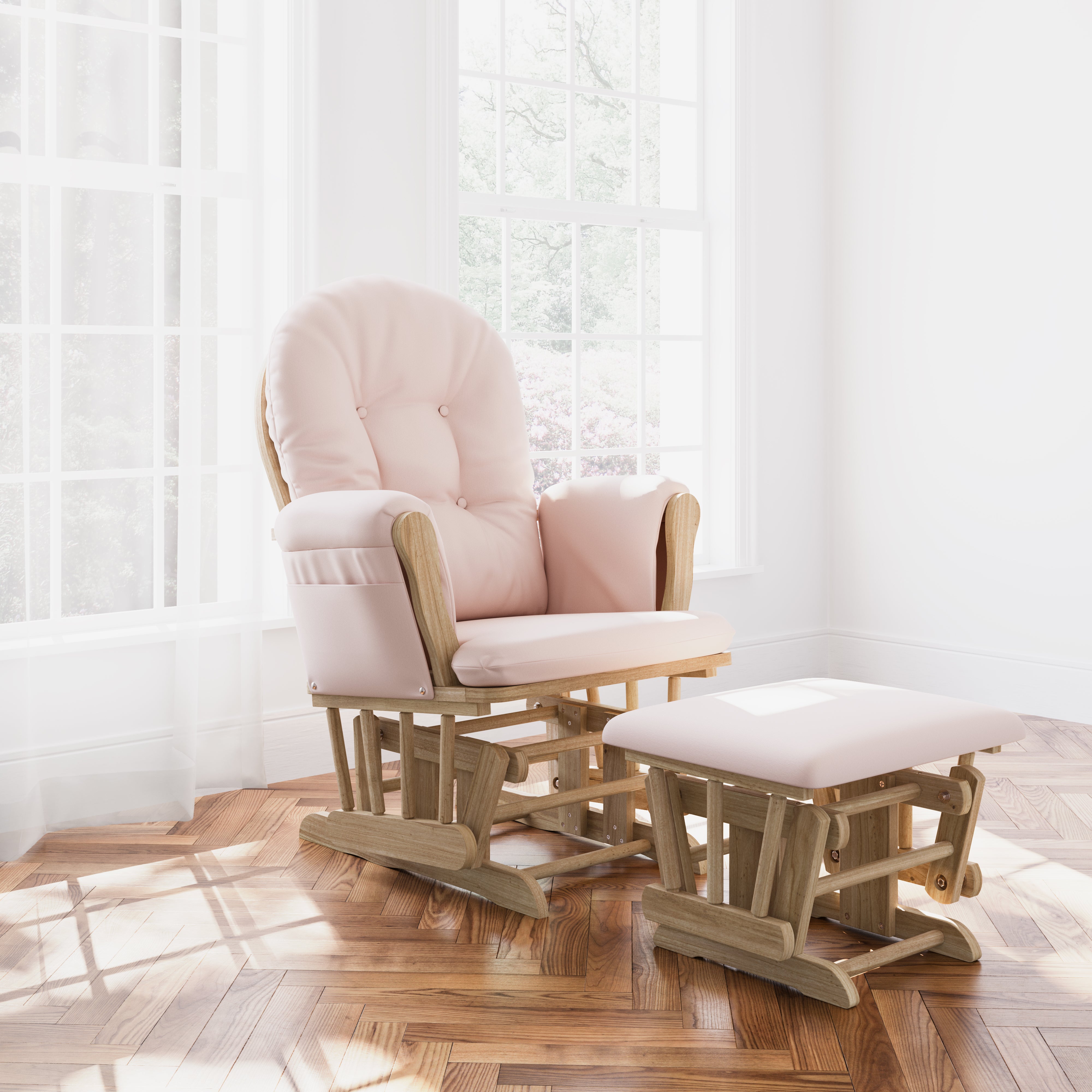 hoop glider natural frame with pink cushions in nursery