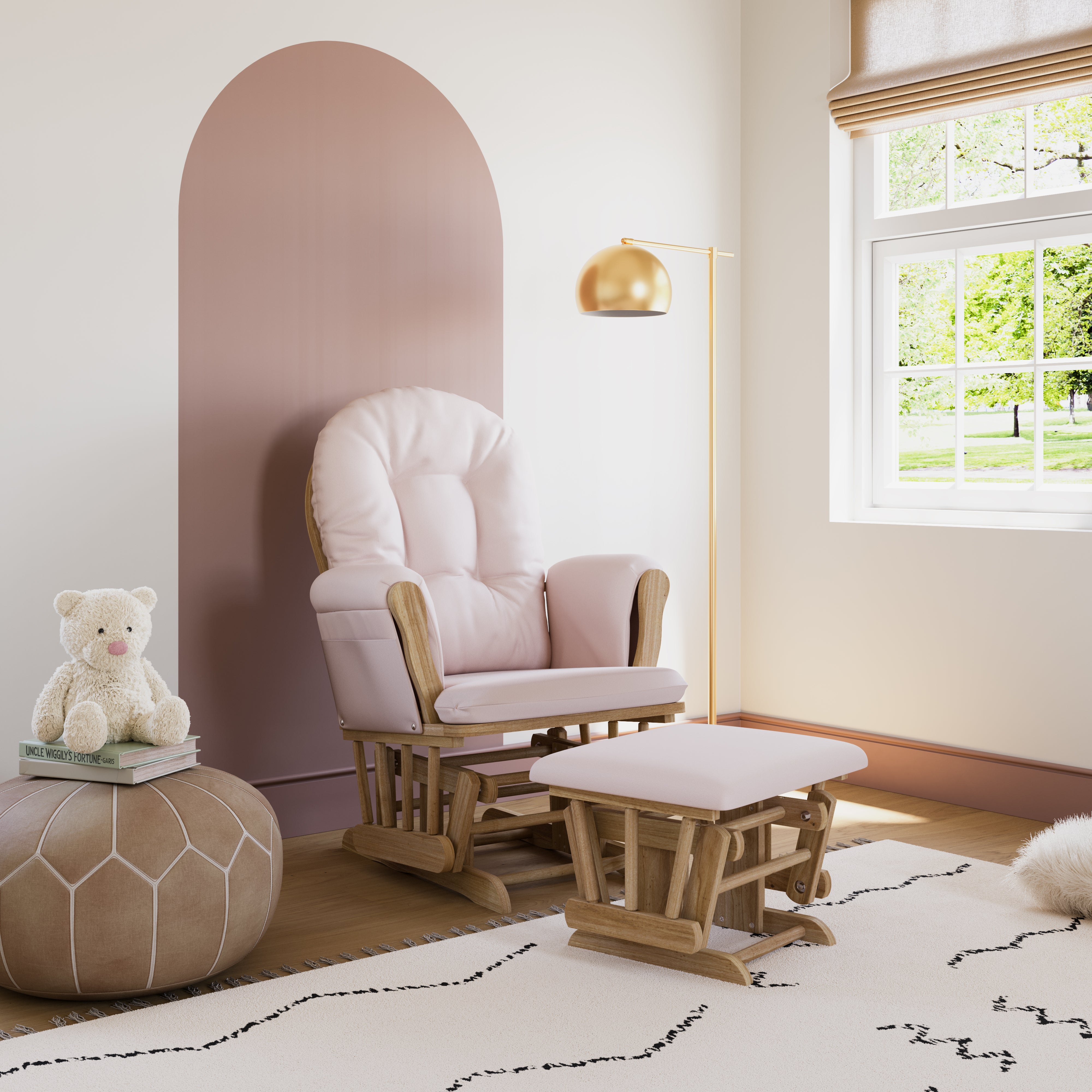 hoop glider natural frame with pink cushions in nursery