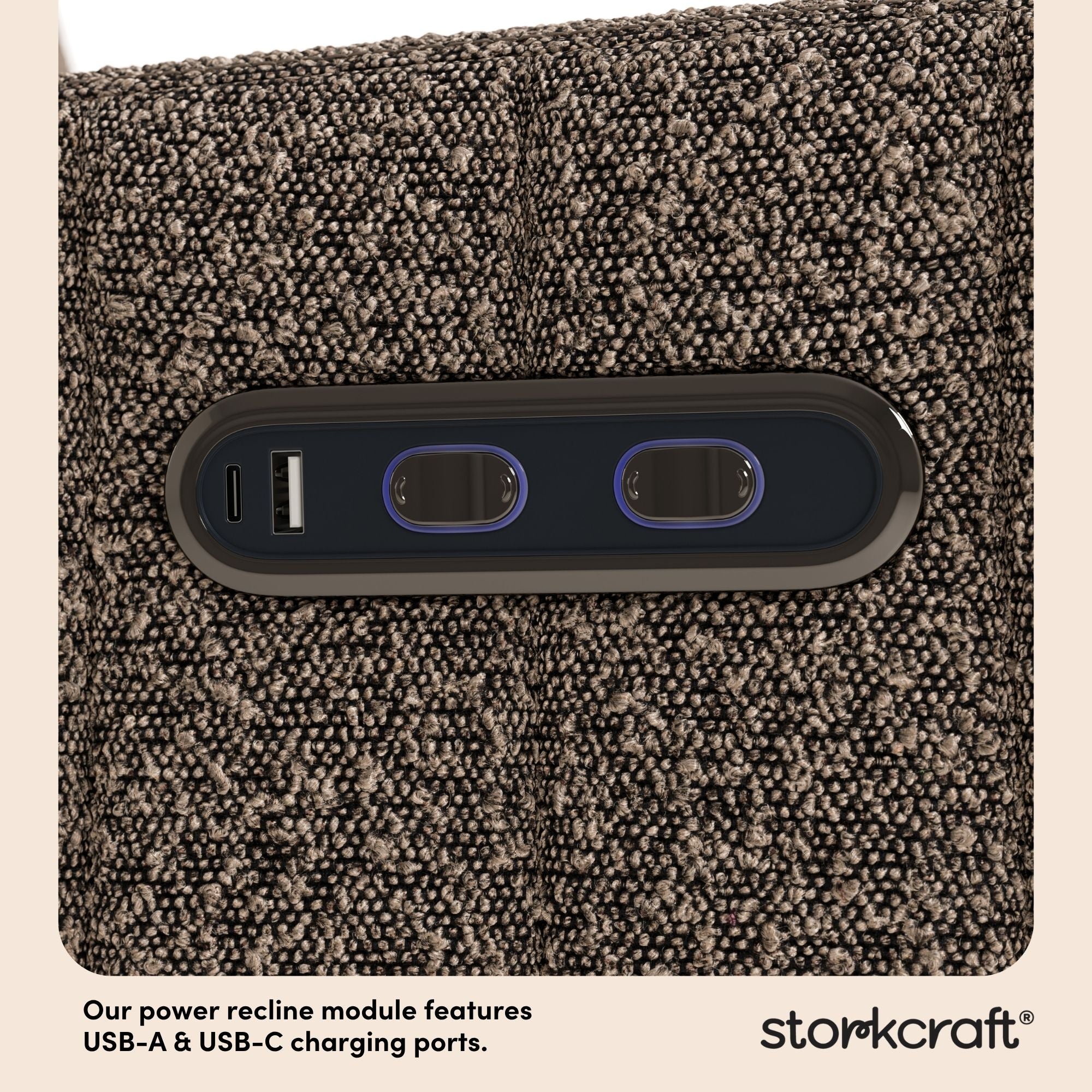 Kyoto mountain brown boucle wide power recliner dual USB ports callout