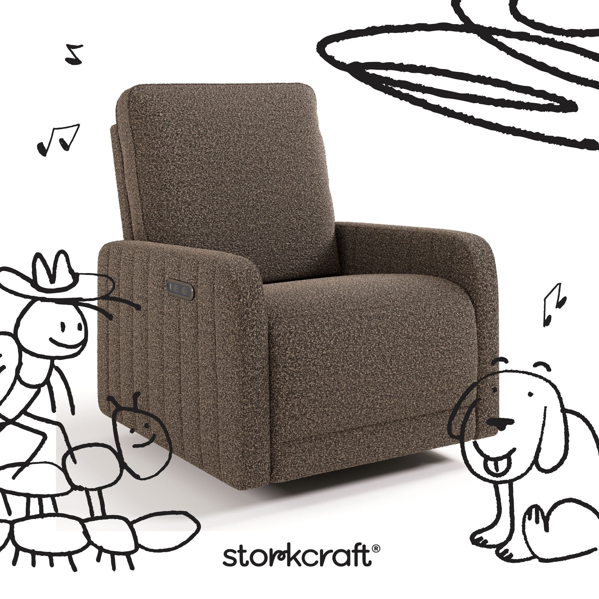 Kyoto mountain brown boucle wide power recliner with black doodles overlaid on image