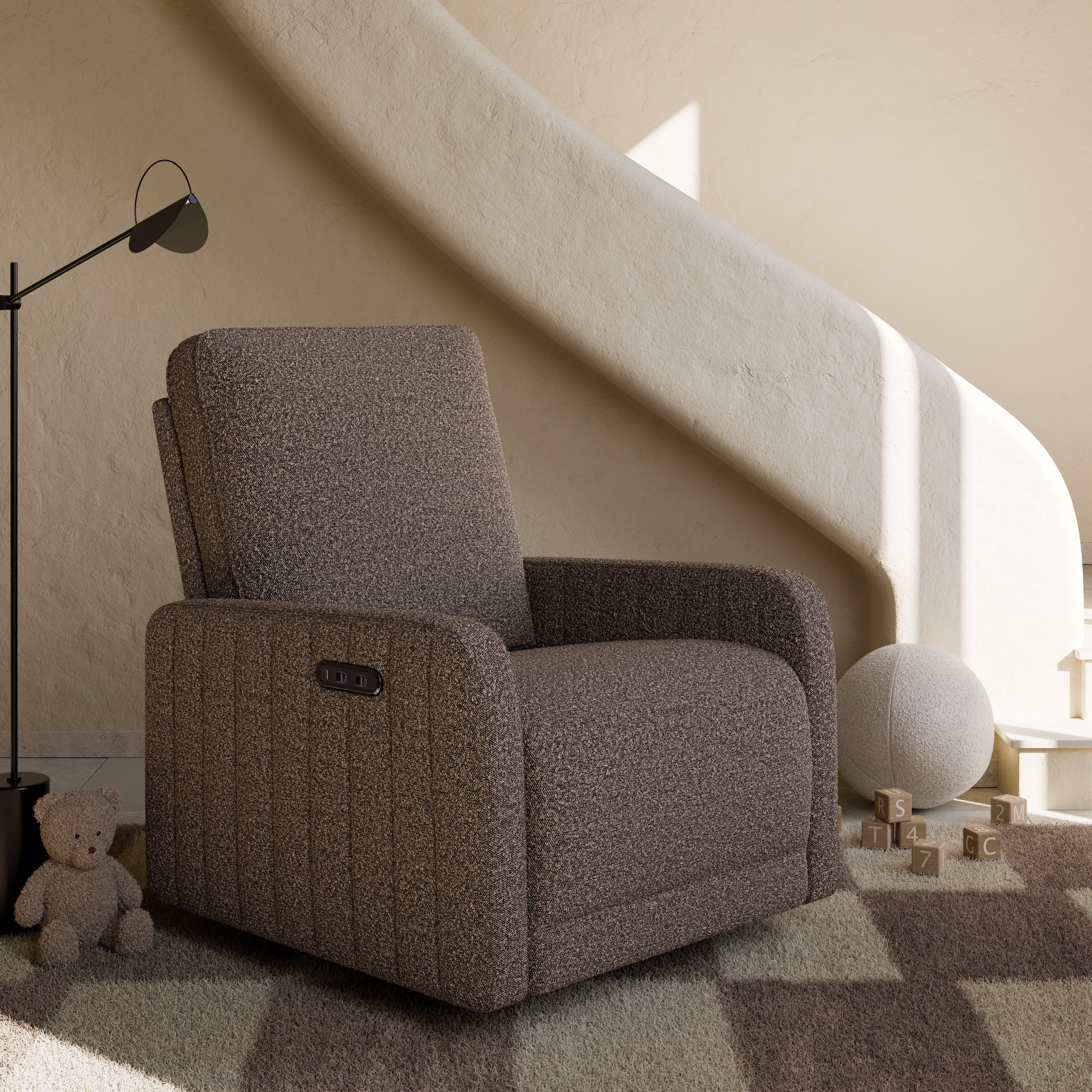 Kyoto mountain brown boucle wide power recliner in nursery