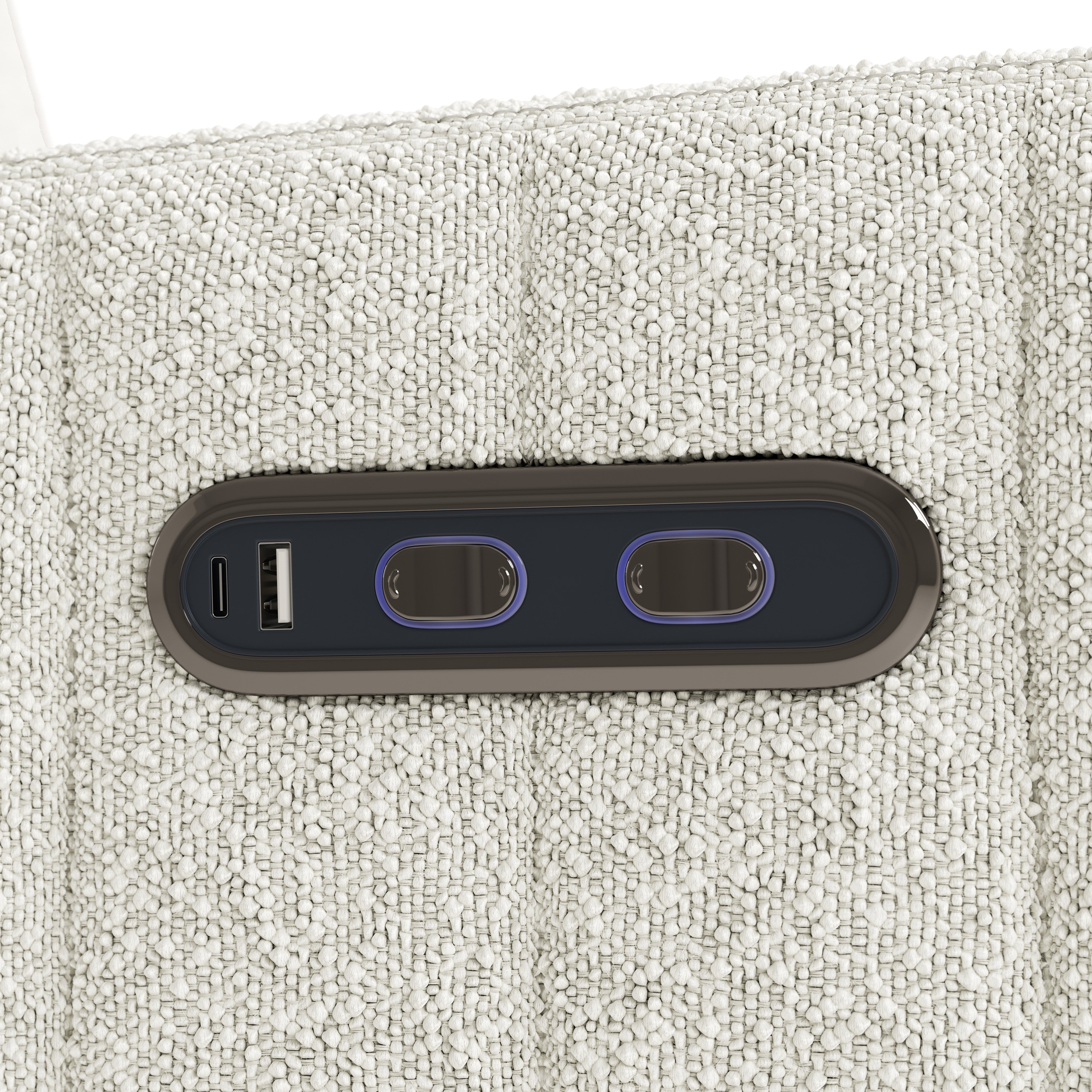 Kyoto ivory boucle wide recliner closeup of dual USB ports