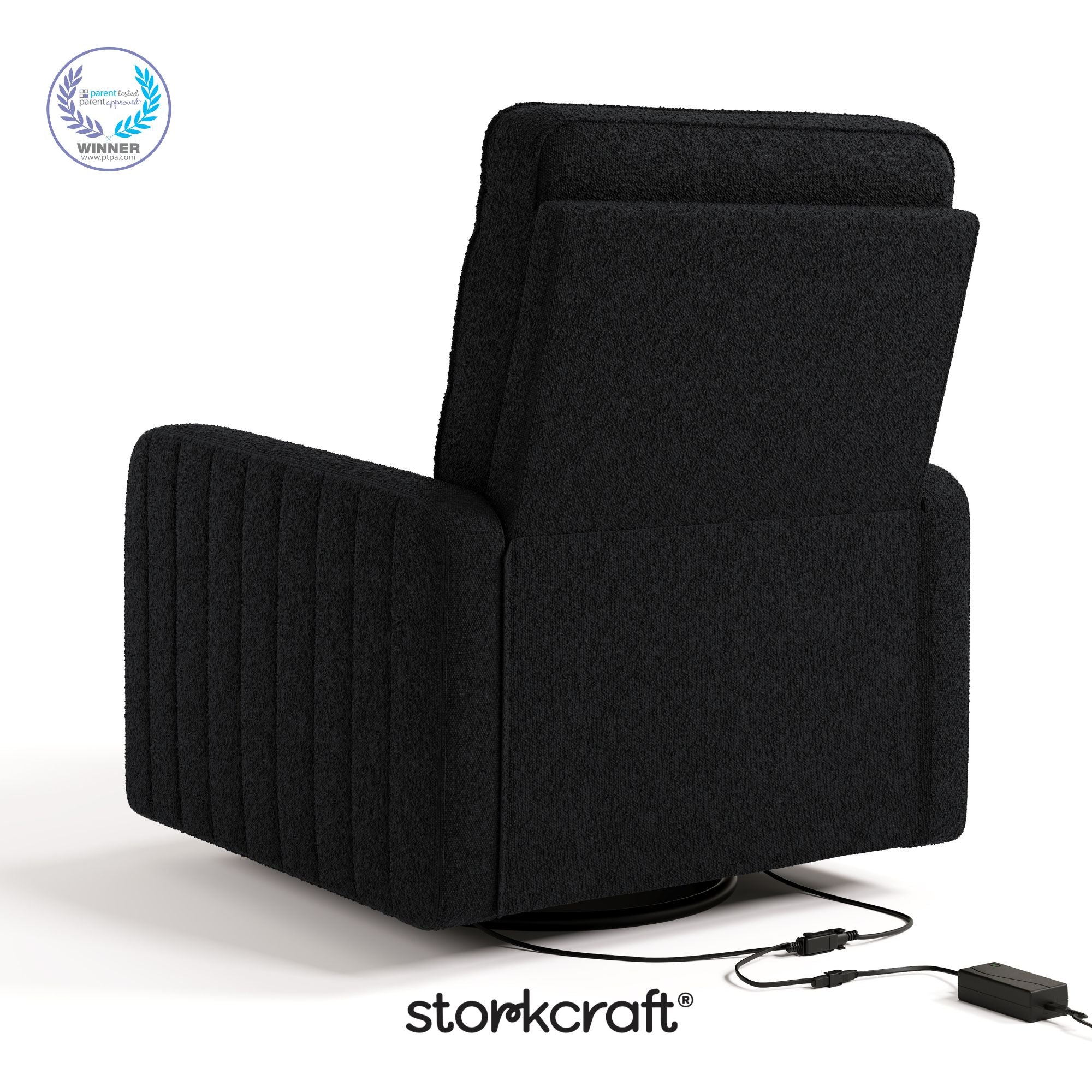 Kyoto black boucle wide power recliner with PTPA logo on top left