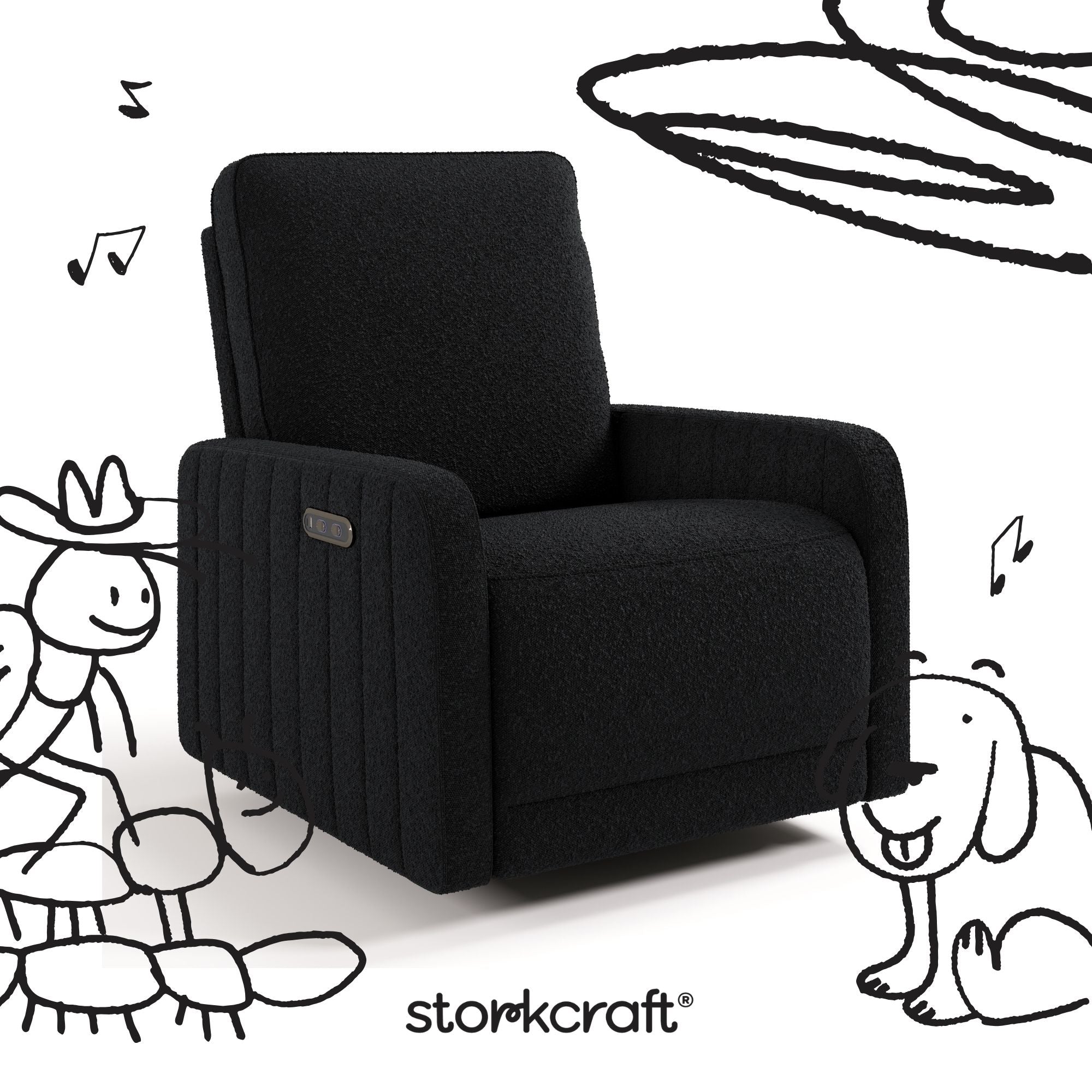 Kyoto black boucle wide power recliner with black doodles overlaid on image