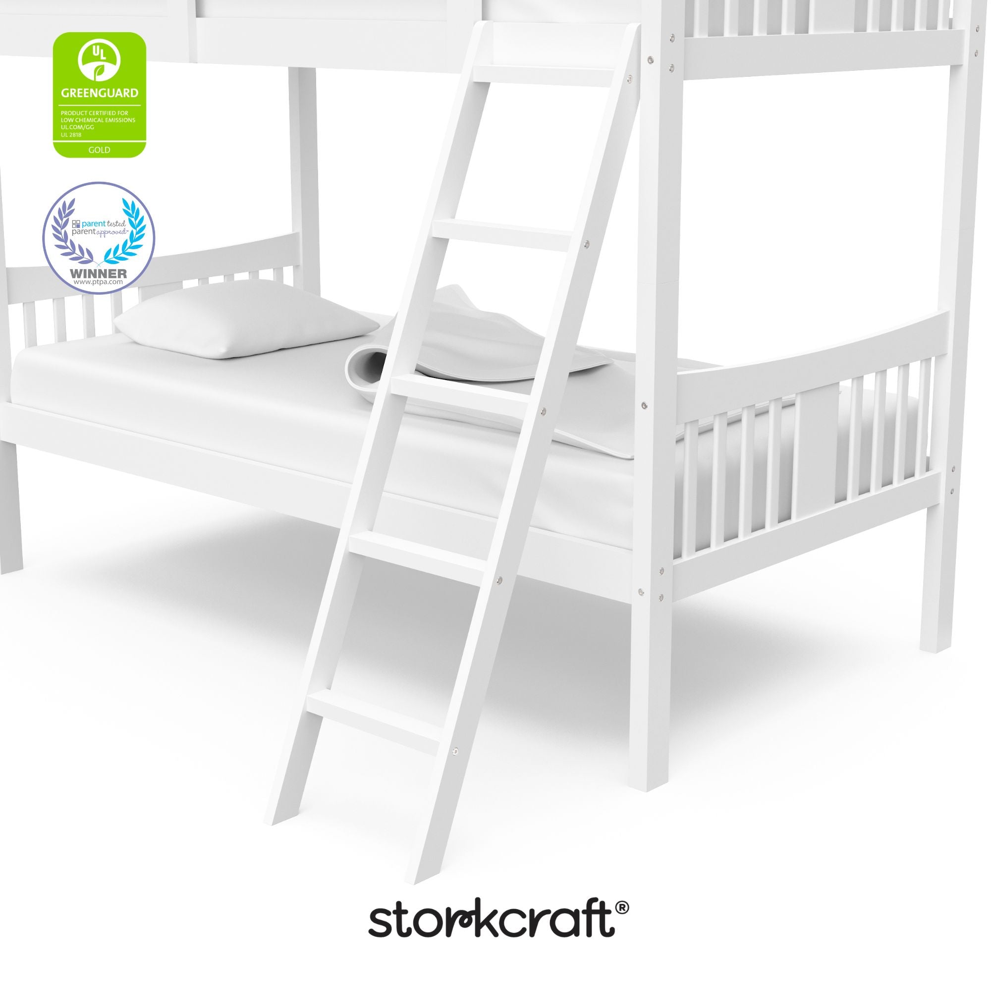 Caribou white twin bunk bed twin bed with GGG and PTPA logo on top left