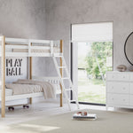 Caribou white with natural twin bunk bed in kids room next to white dresser