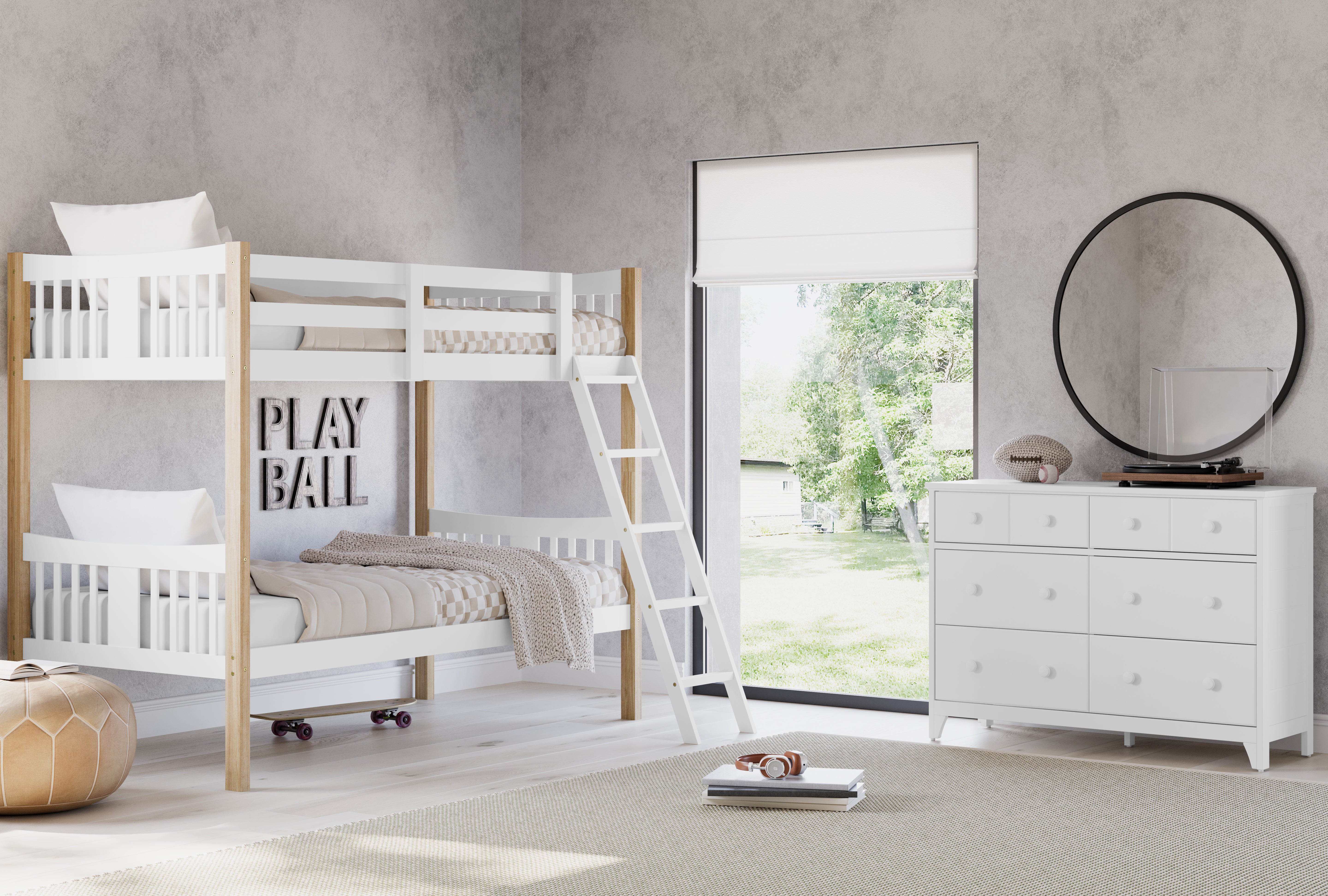 Caribou white with natural twin bunk bed in kids room next to white dresser