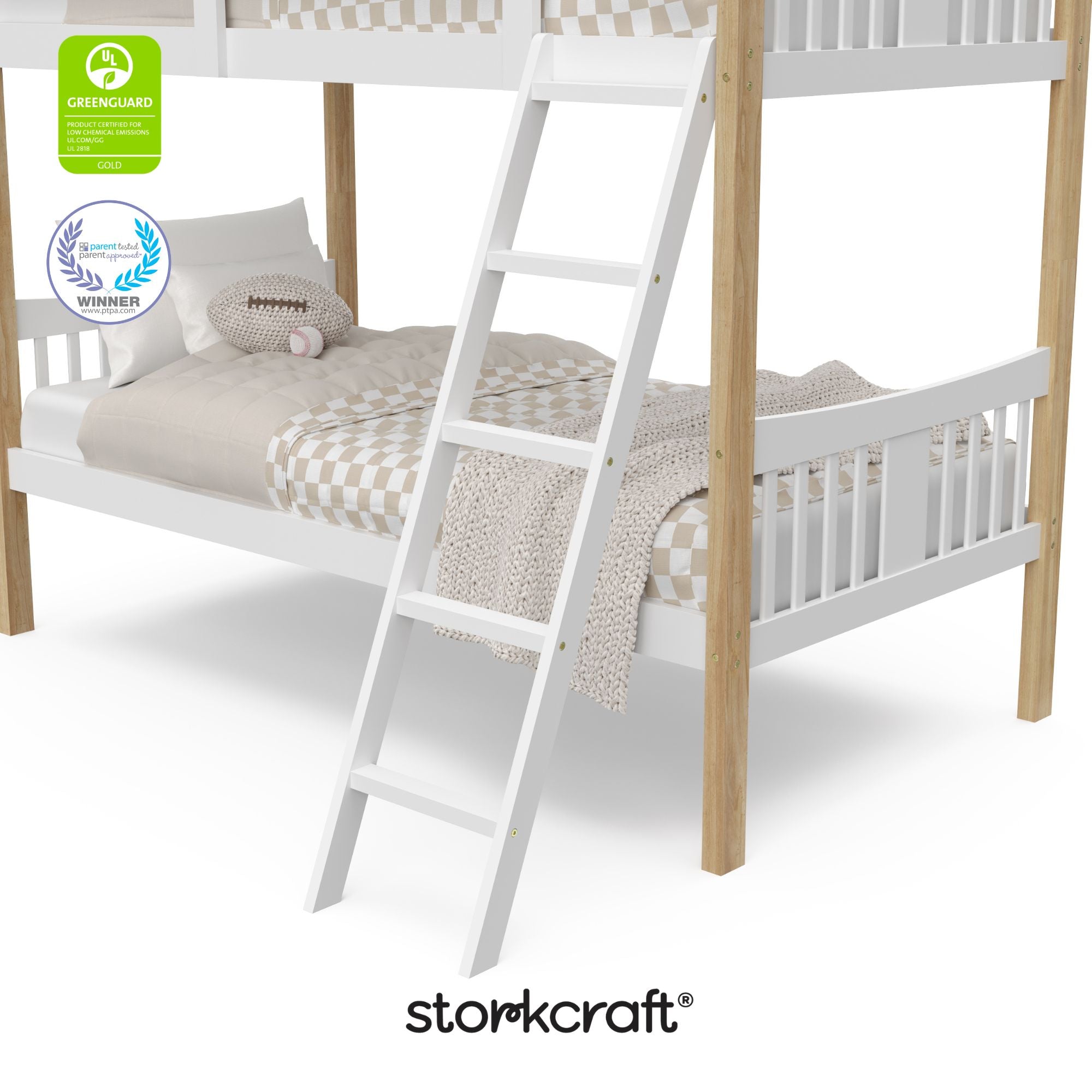 Caribou white with natural twin bunk bed twin bed with GGG and PTPA logo on top left