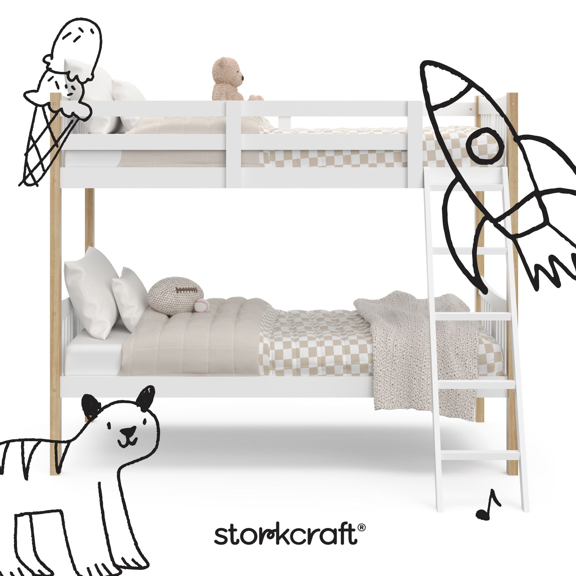 Caribou white with natural twin bunk bed twin bed with black doodles overlaid on image