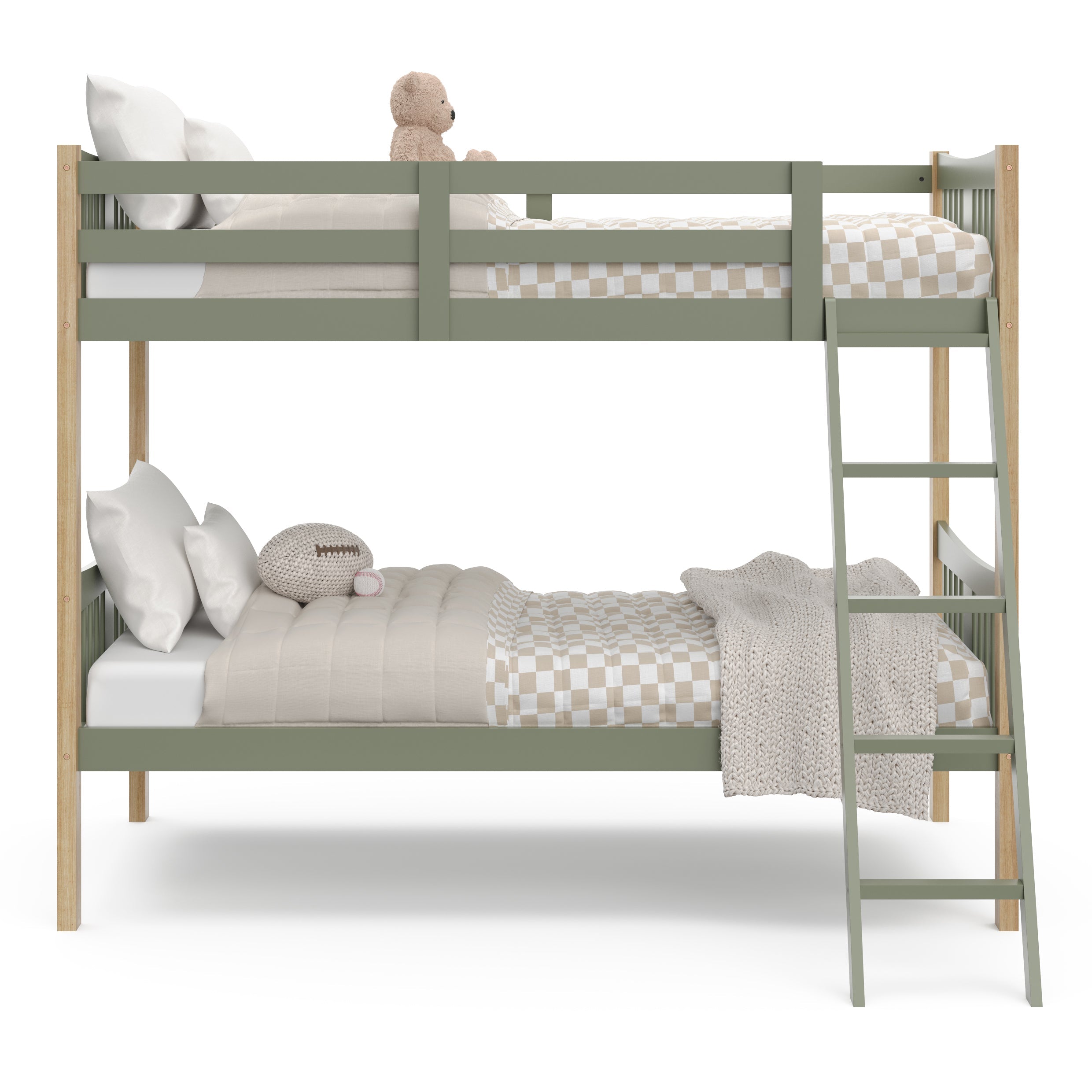 Front view of Caribou olive with natural twin over twin bunk bed