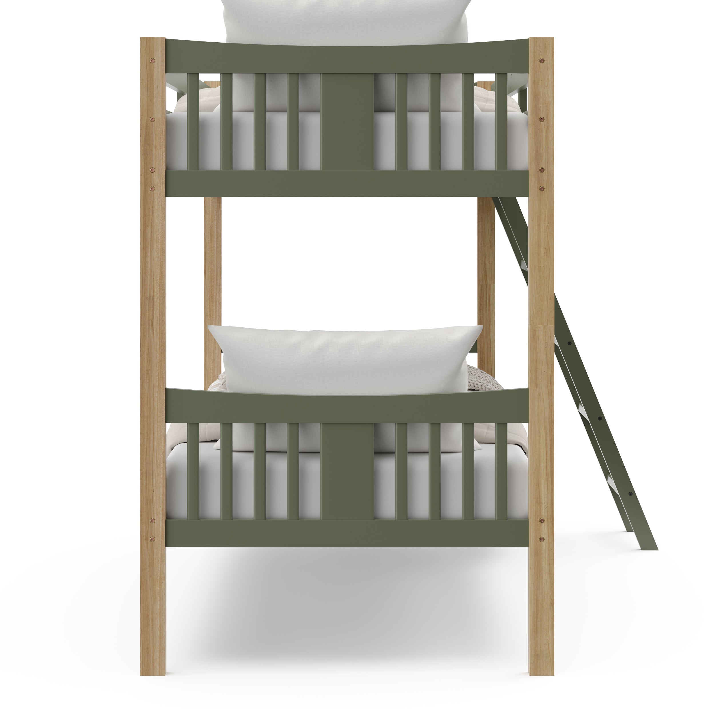 Side view of Caribou olive with natural twin over twin bunk bed