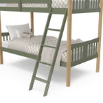 Close up view of Caribou olive with natural twin over twin bunk bed's fixed ladder