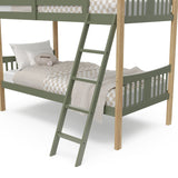 Close up view of Caribou olive with natural twin over twin bunk bed's fixed ladder