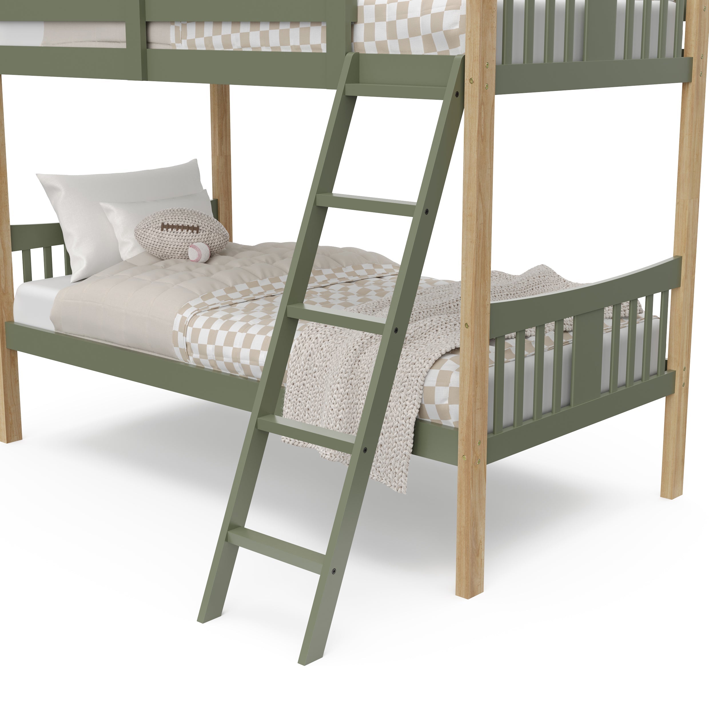 Close up view of Caribou olive with natural twin over twin bunk bed's fixed ladder