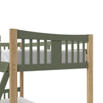 Close up view of Caribou olive with natural twin over twin bunk bed's headboard
