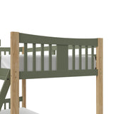 Close up view of Caribou olive with natural twin over twin bunk bed's headboard