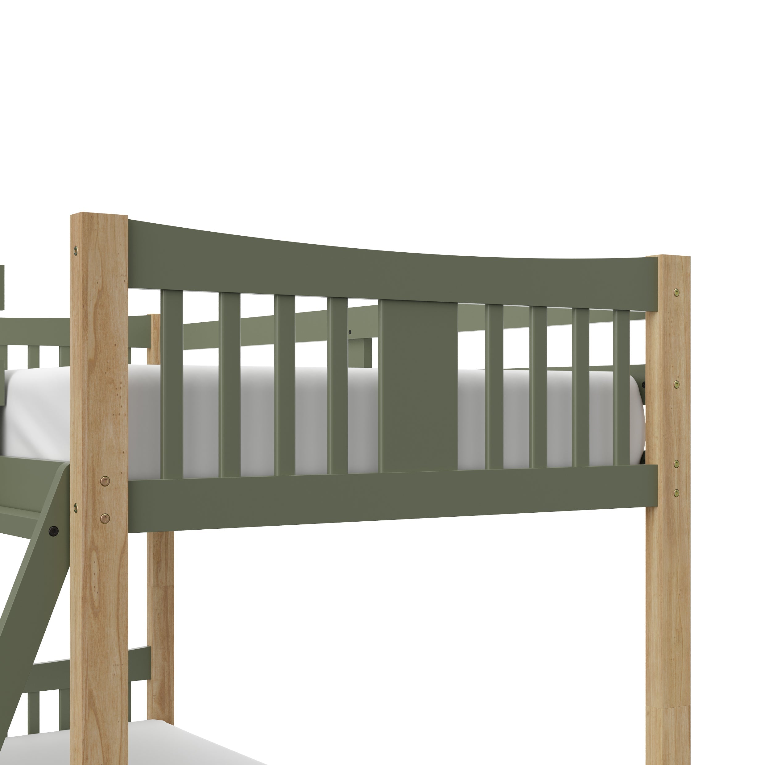 Close up view of Caribou olive with natural twin over twin bunk bed's headboard