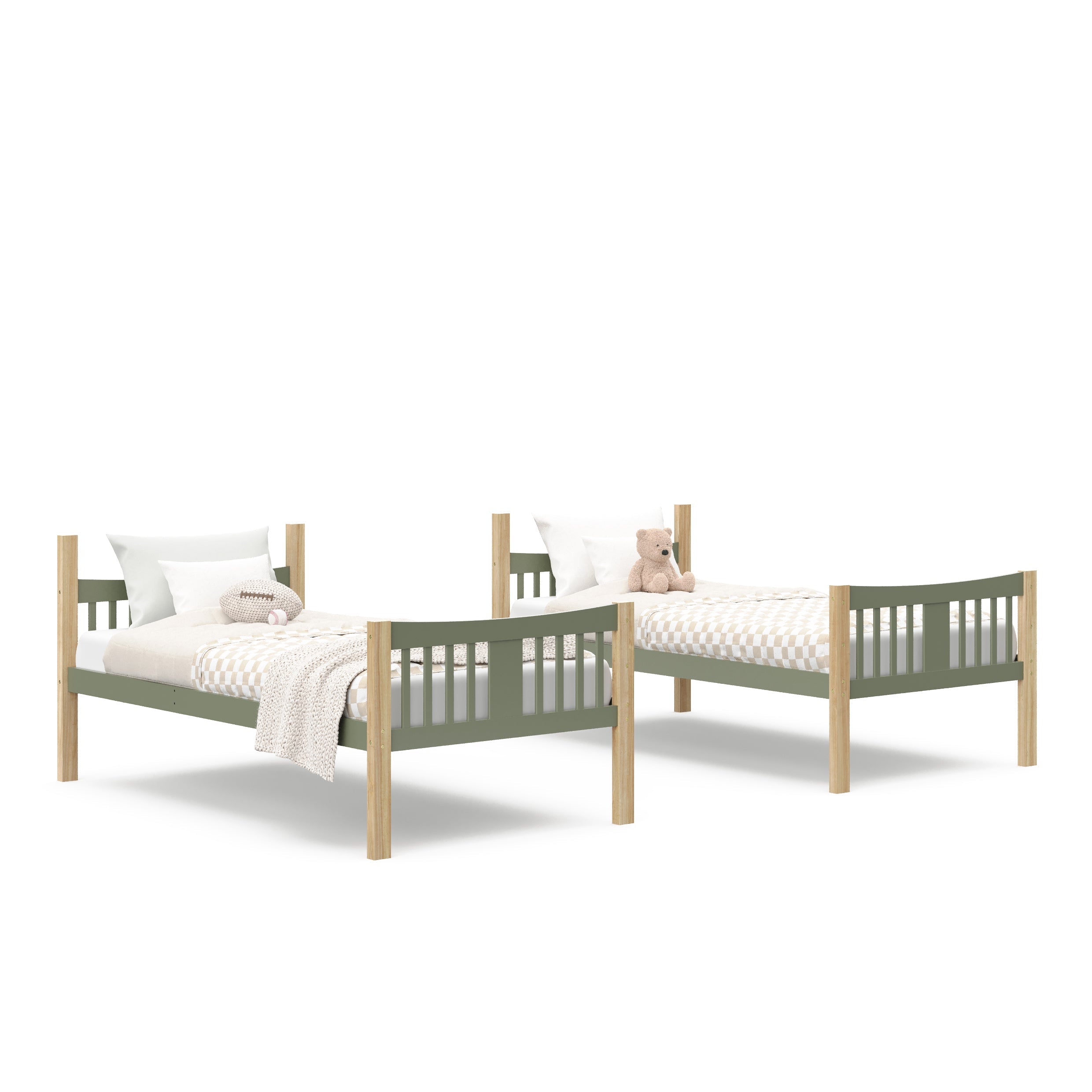 Caribou olive with natural twin over twin bunk bed configured as two twin beds