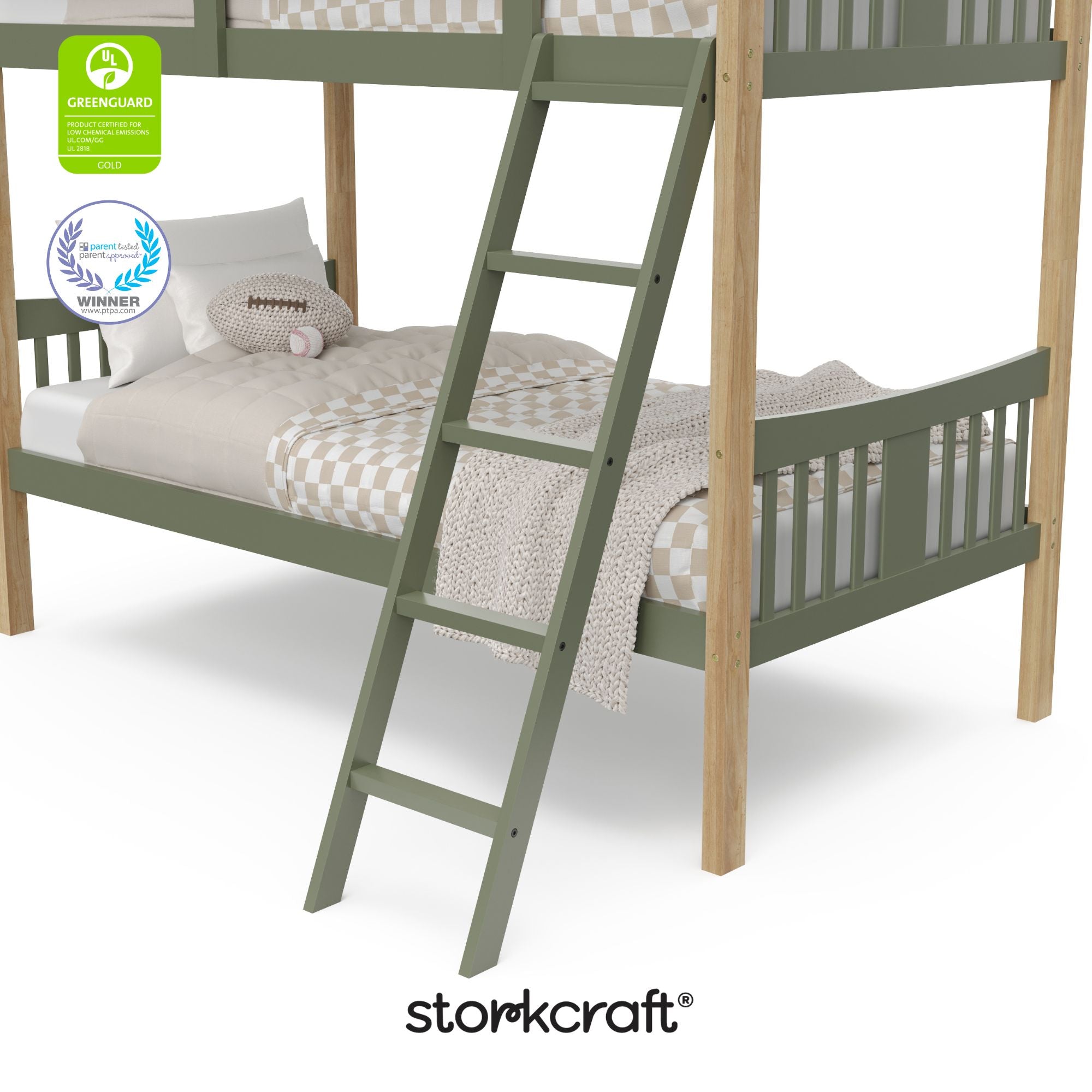 Caribou olive with natural twin bunk bed twin bed with GGG and PTPA logo on top left