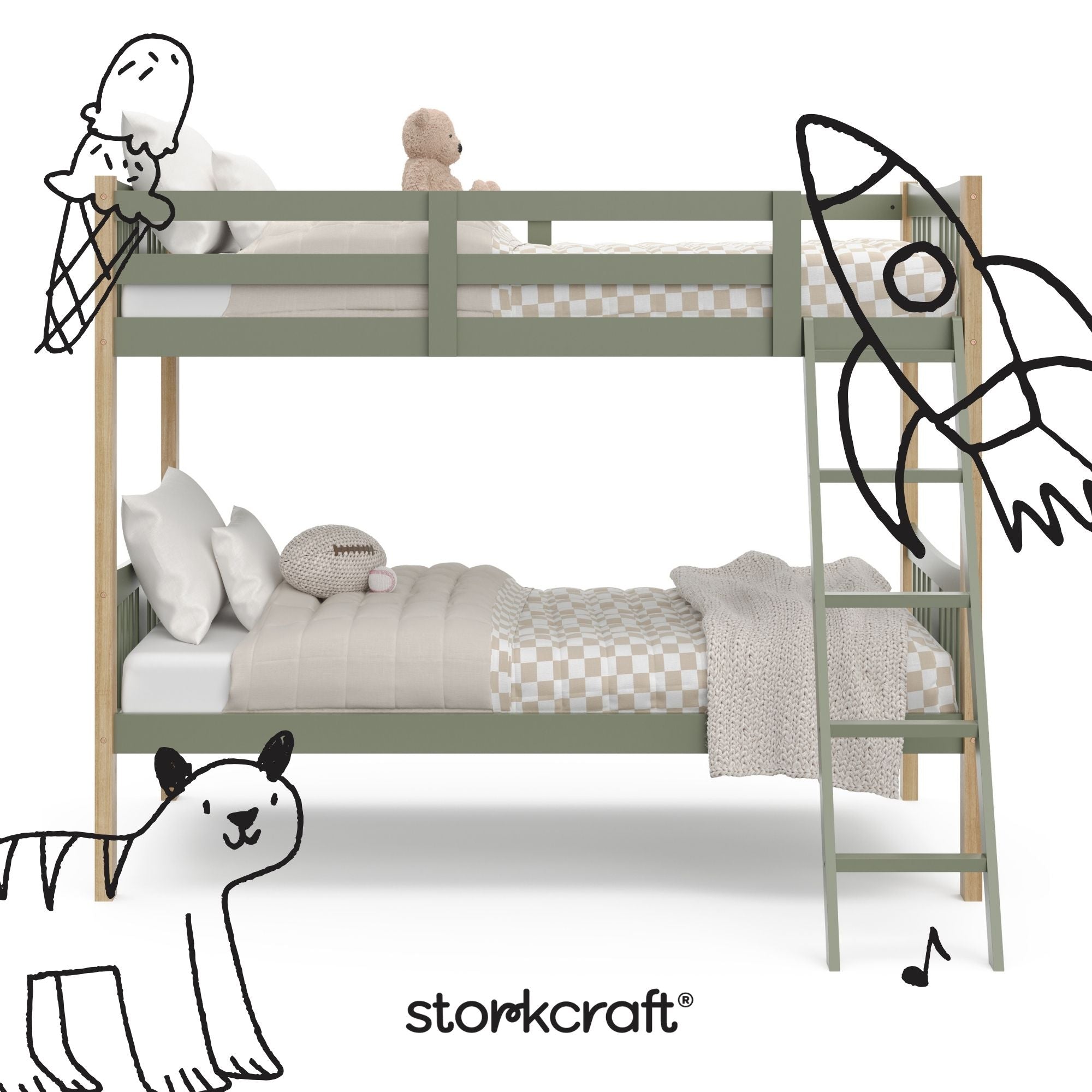 Caribou olive with natural twin bunk bed twin bed with black doodles overlaid on image