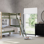 Caribou olive with natural twin over twin bunk bed in kids room next to black dresser