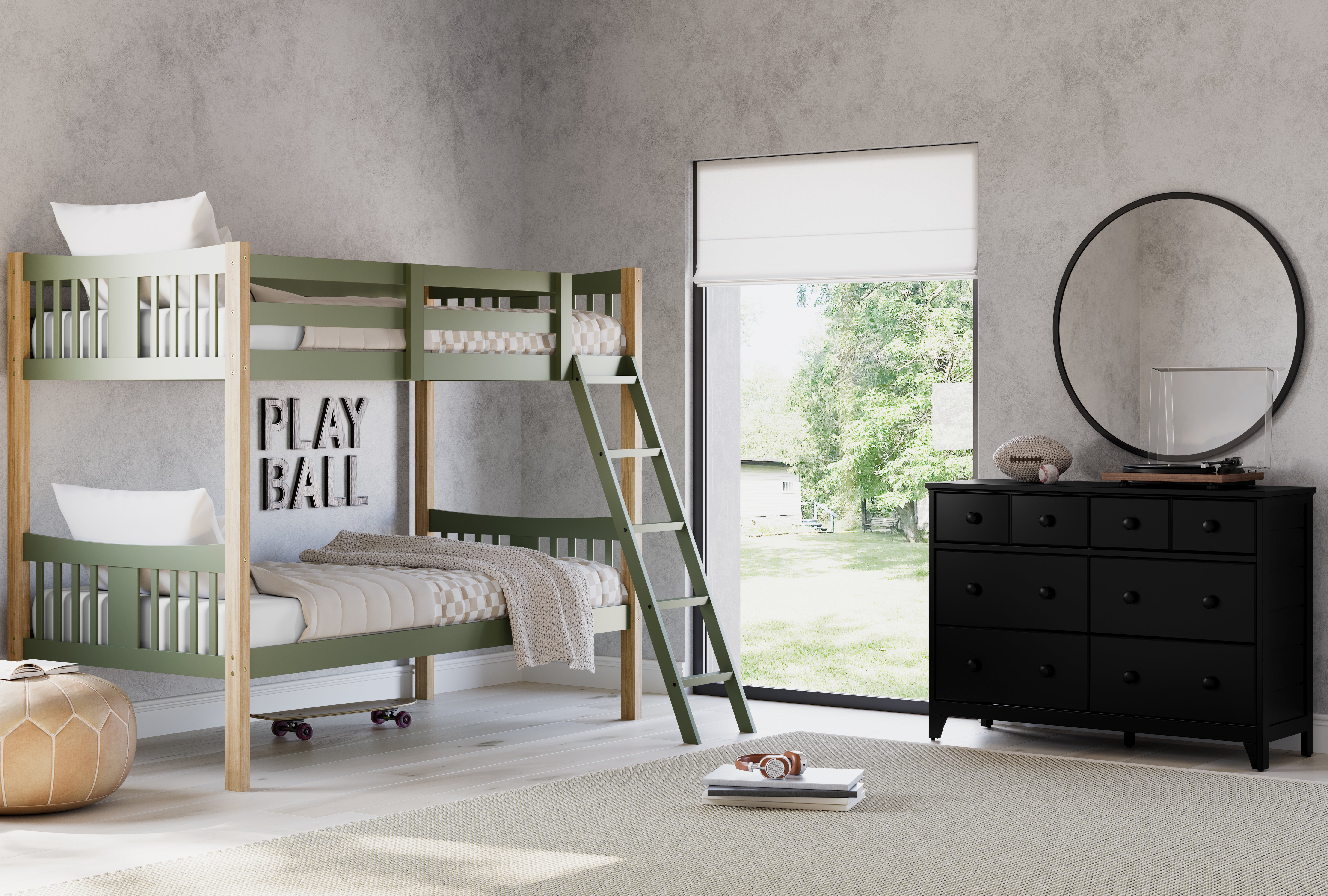 Caribou olive with natural twin over twin bunk bed in kids room next to black dresser