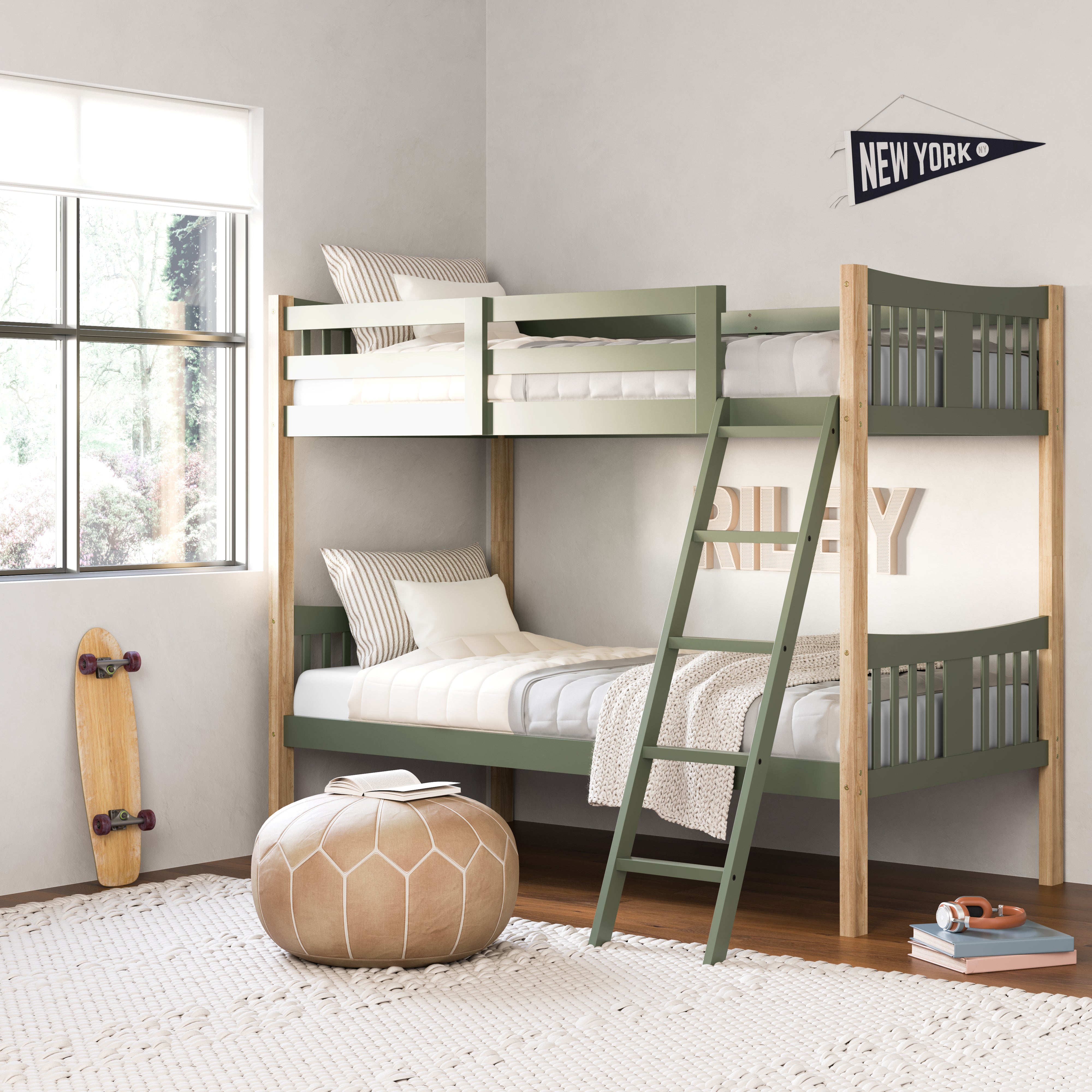 Caribou olive with natural twin over twin bunk bed in kids room