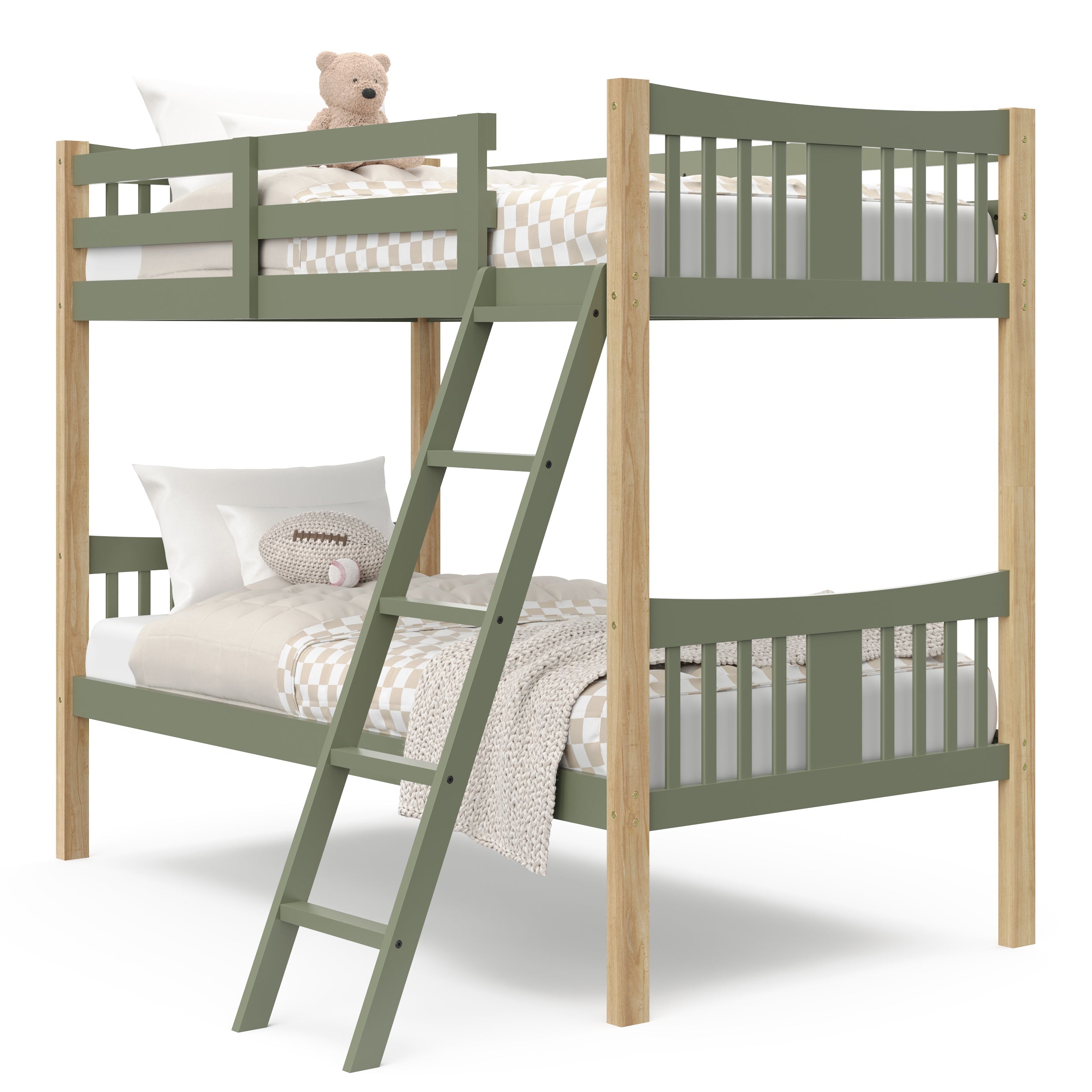 Angle view of Caribou olive with natural twin over twin bunk bed