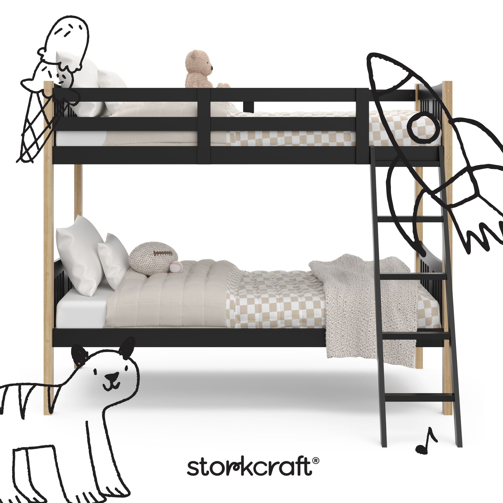 Caribou black with natural twin bunk bed twin bed with black doodles overlaid on image