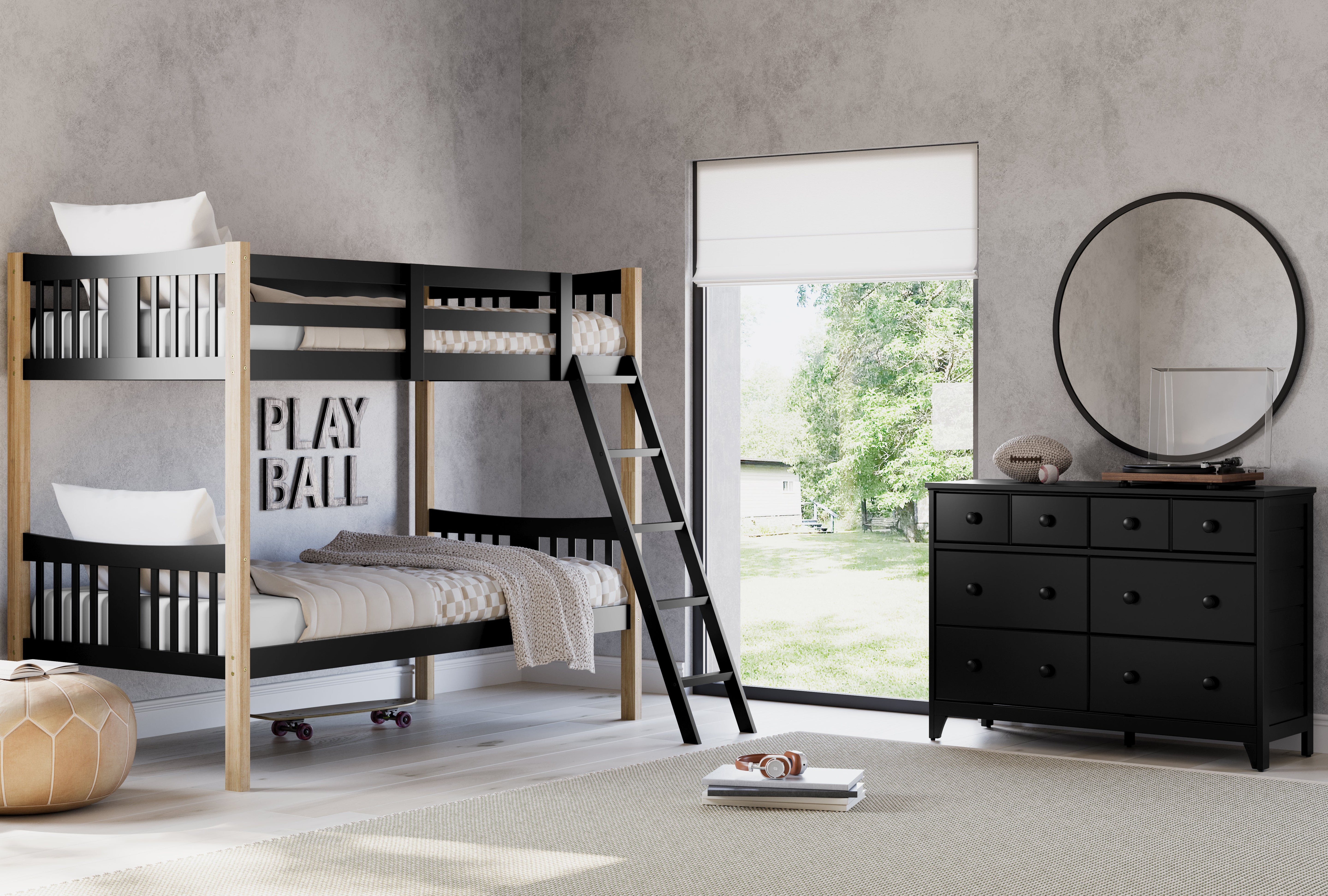 Caribou black with natural twin over twin bunk bed in kids room next to black dresser
