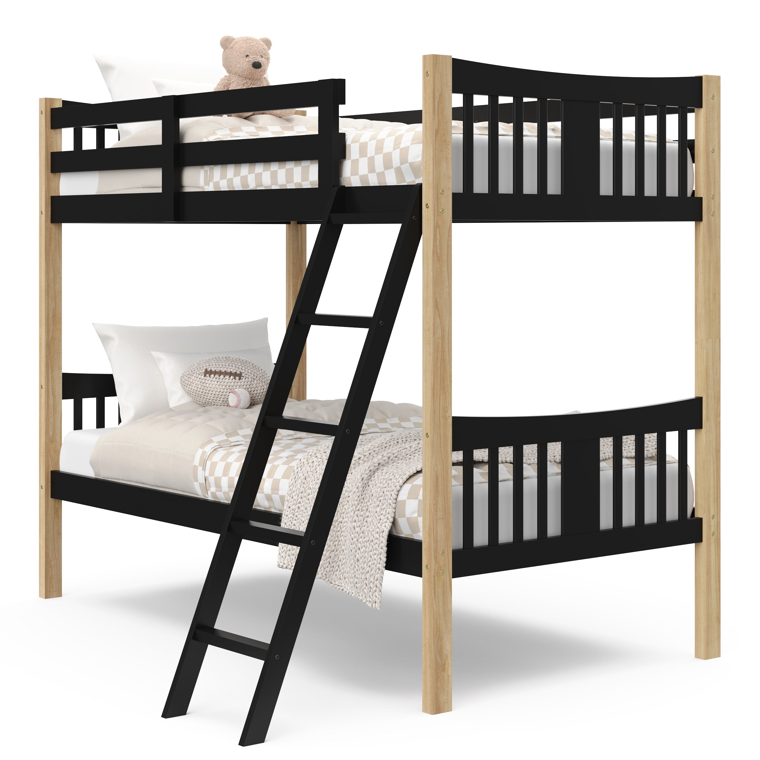 Angle view of Caribou black with natural twin over twin bunk bed