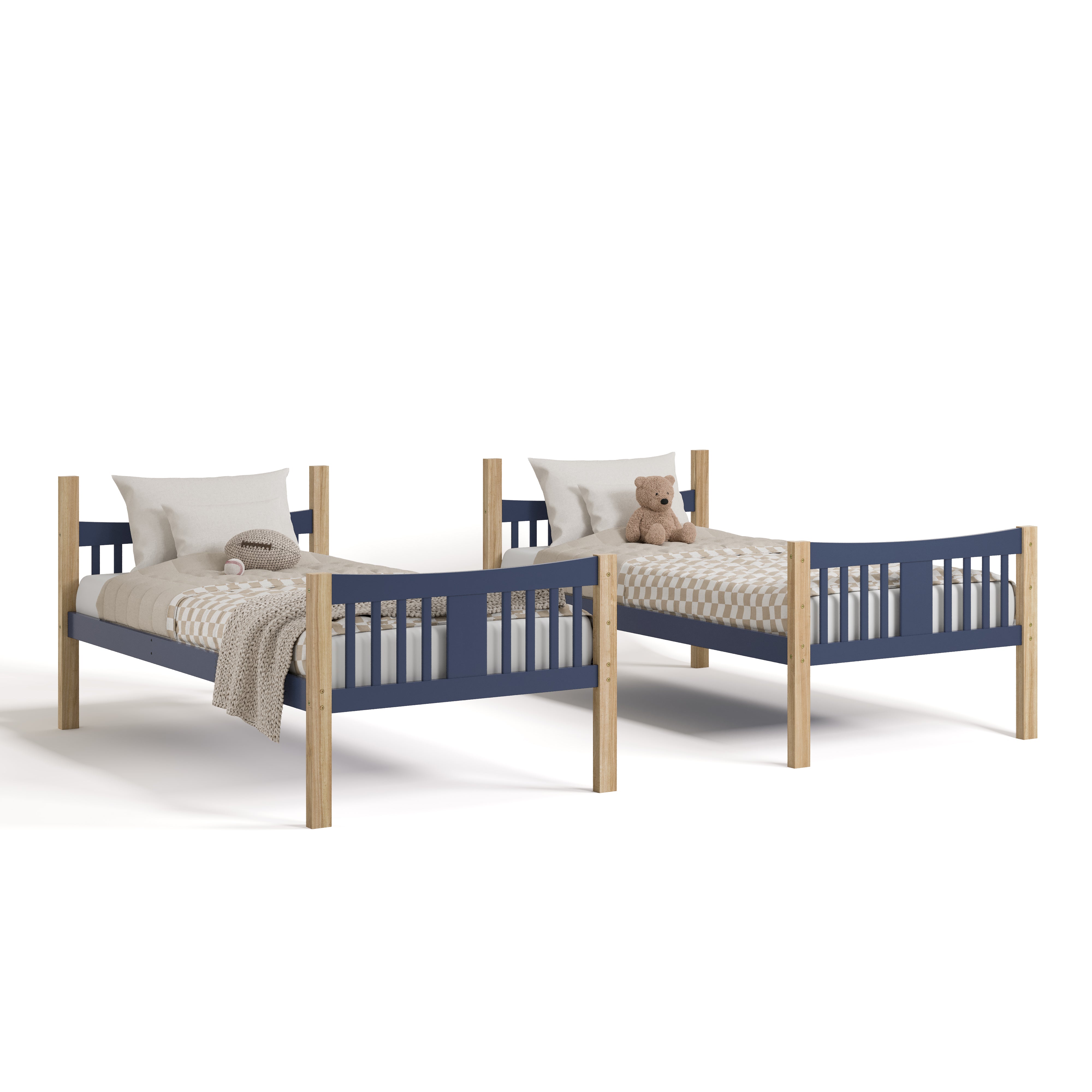 Caribou midnight blue with natural twin over twin bunk bed configured as two twin beds
