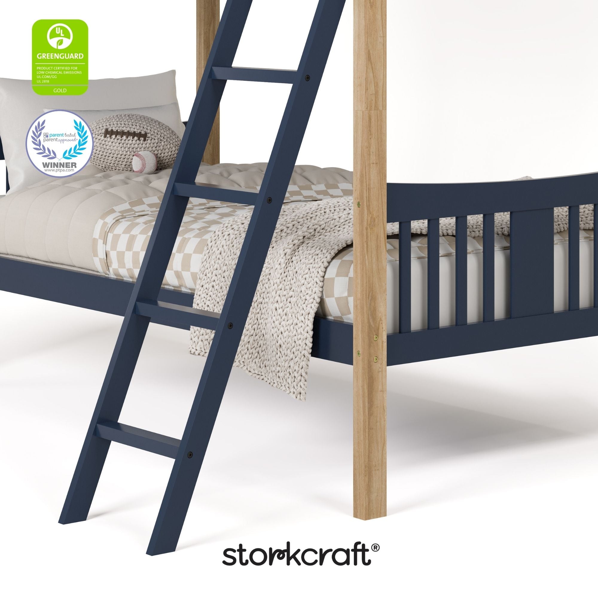 Caribou midnight blue with natural twin bunk bed twin bed with GGG and PTPA logo on top left