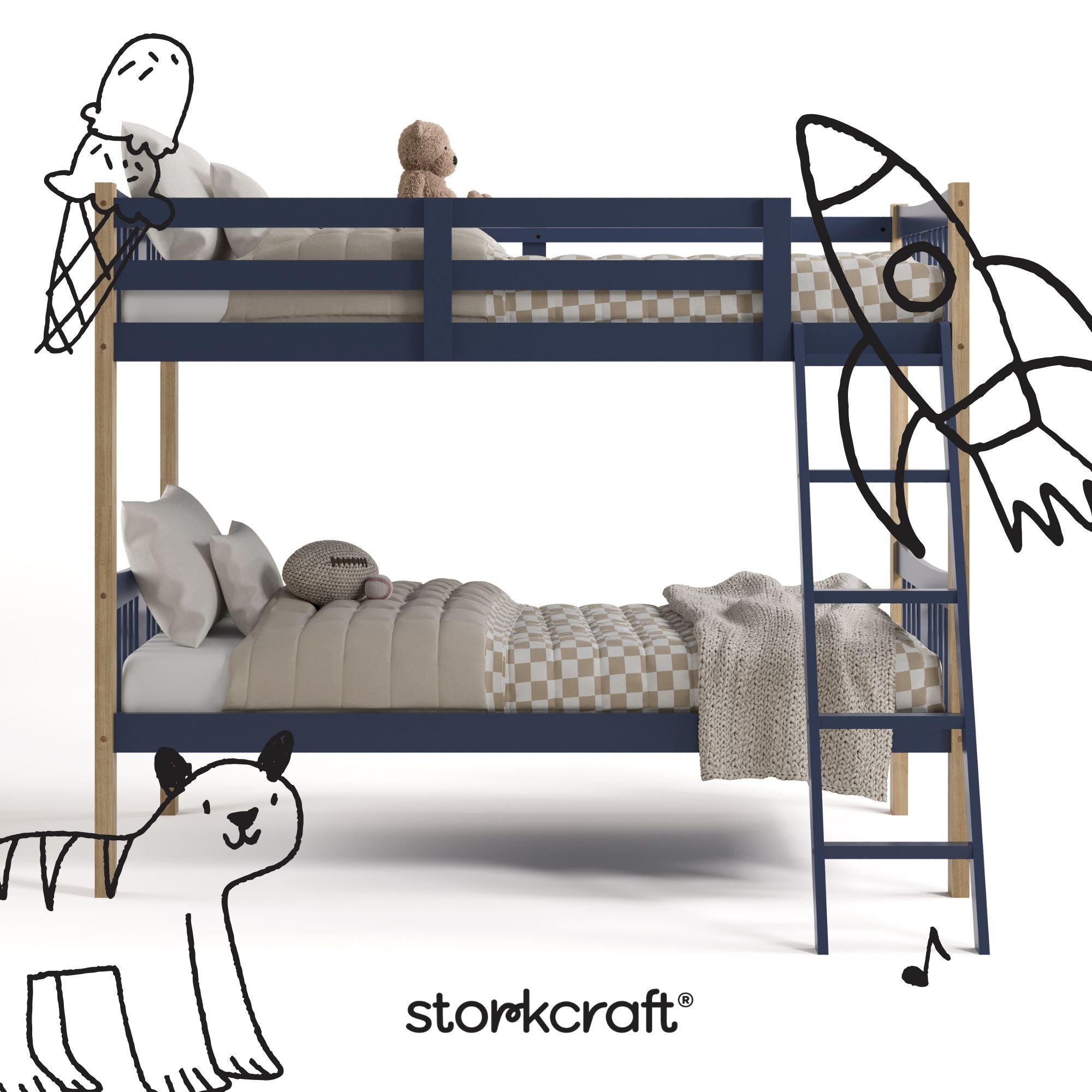 Caribou midnight blue with natural twin bunk bed twin bed with black doodles overlaid on image