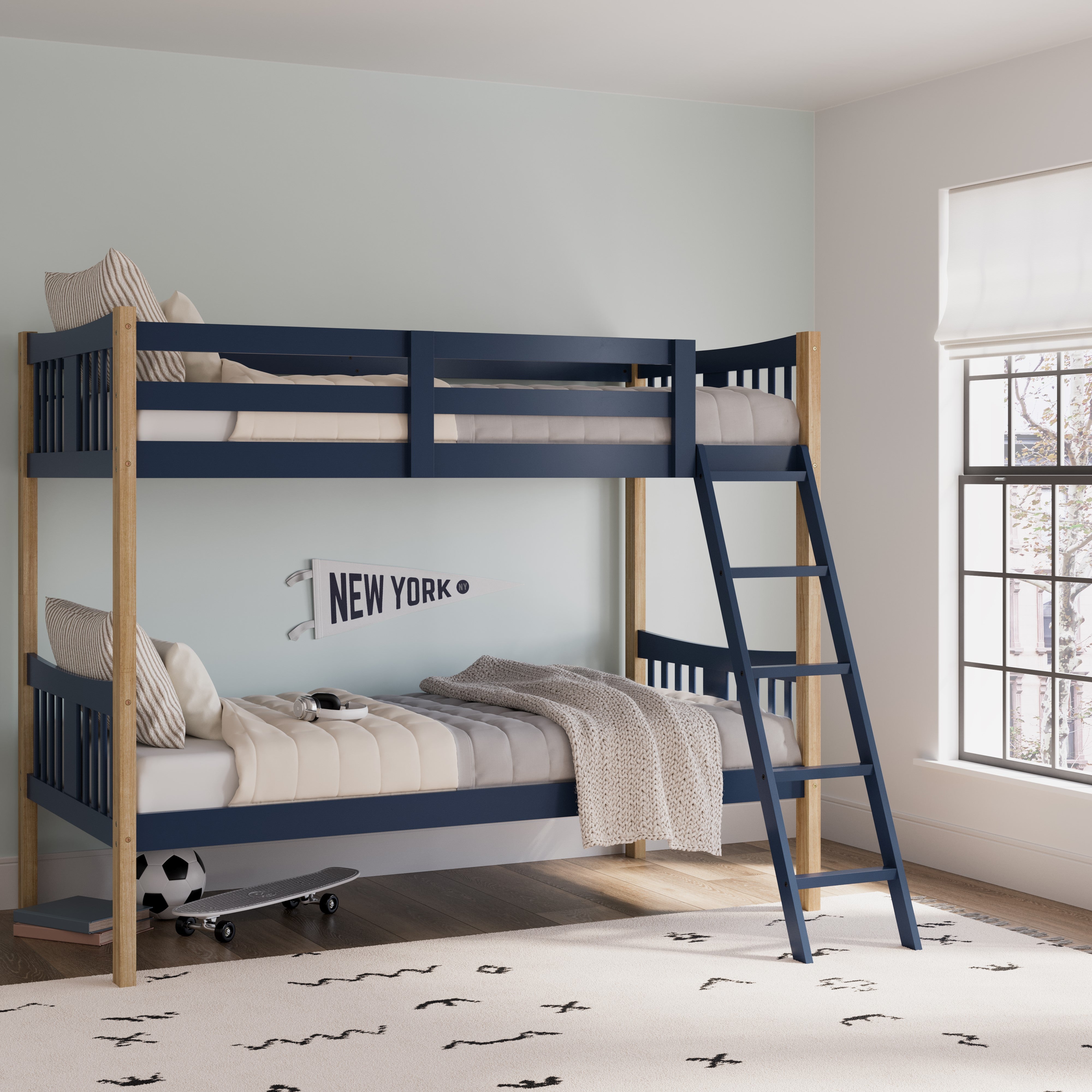 Caribou midnight blue with natural twin over twin bunk bed in kids room