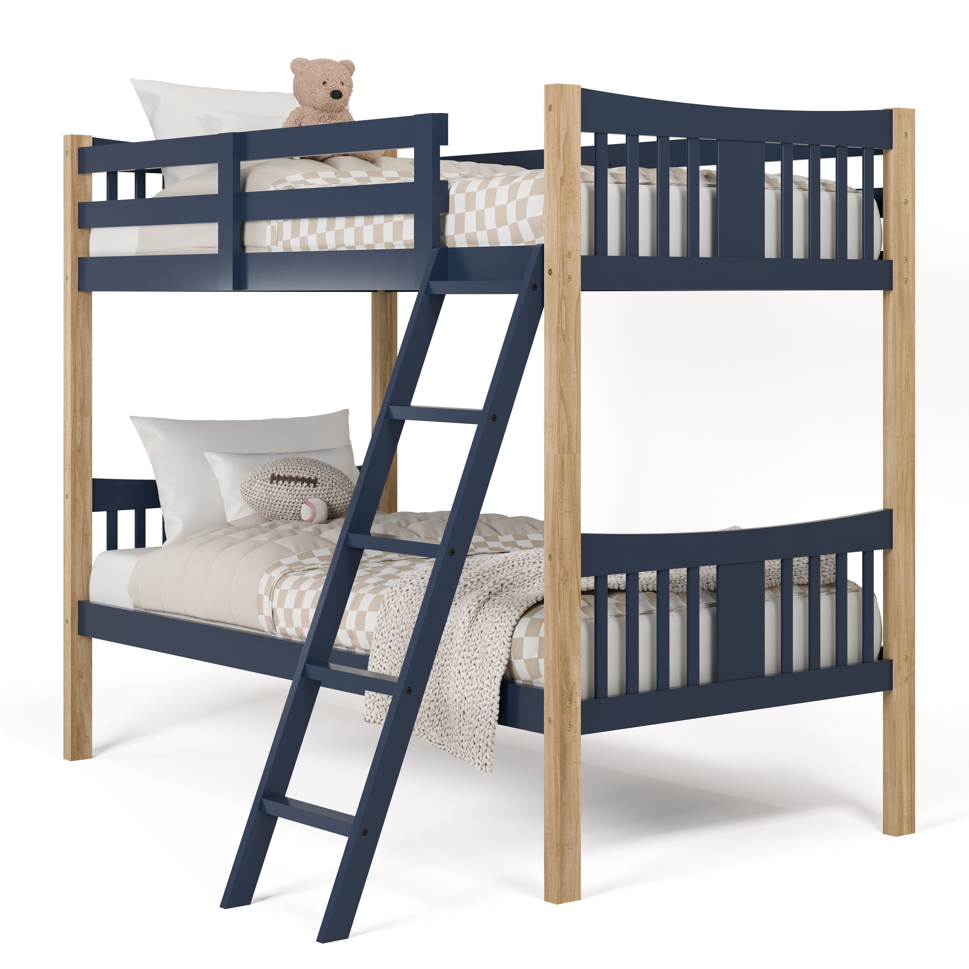 Angle view of Caribou midnight blue with natural twin over twin bunk bed
