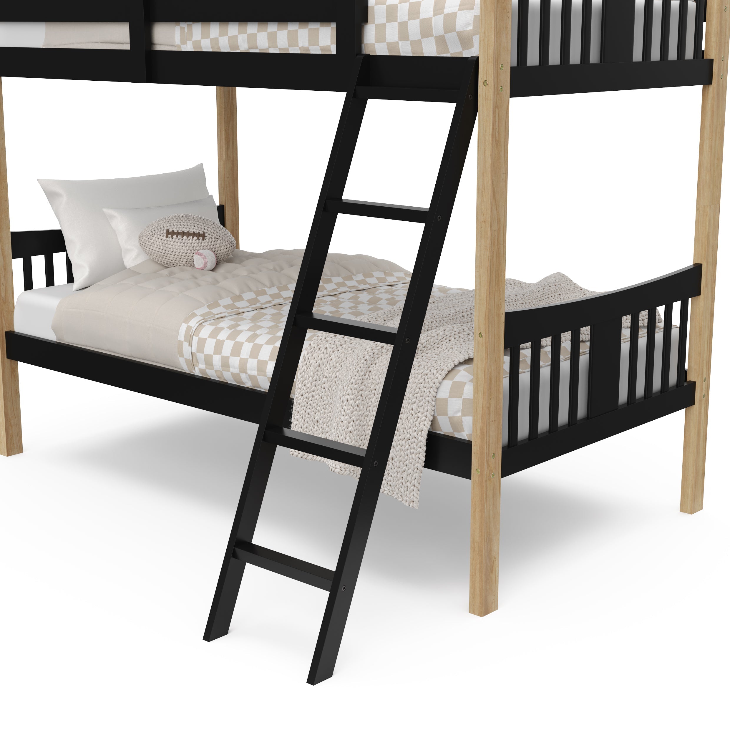 Close up view of Caribou black with natural twin over twin bunk bed's fixed ladder