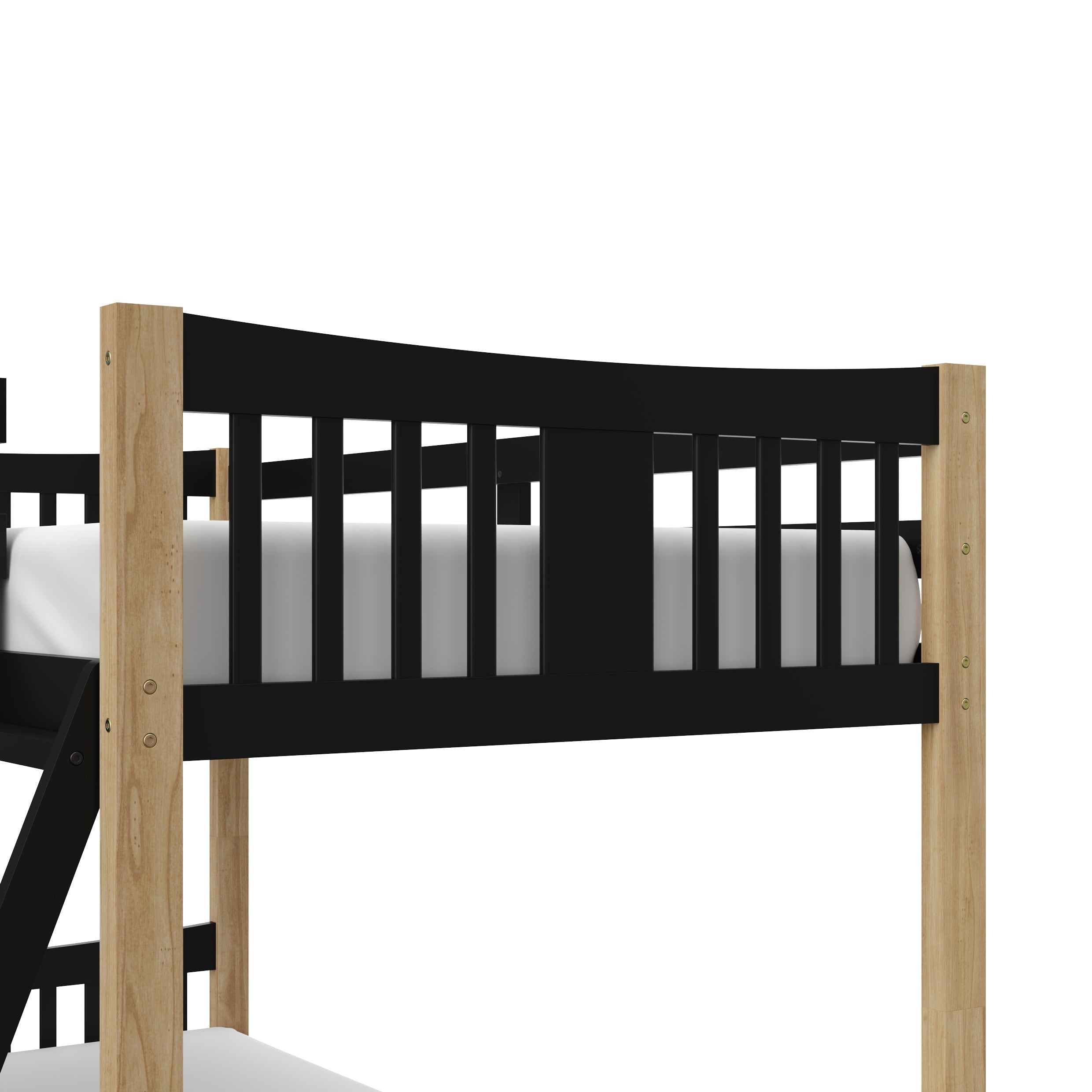 Close up view of Caribou black with natural twin over twin bunk bed's headboard