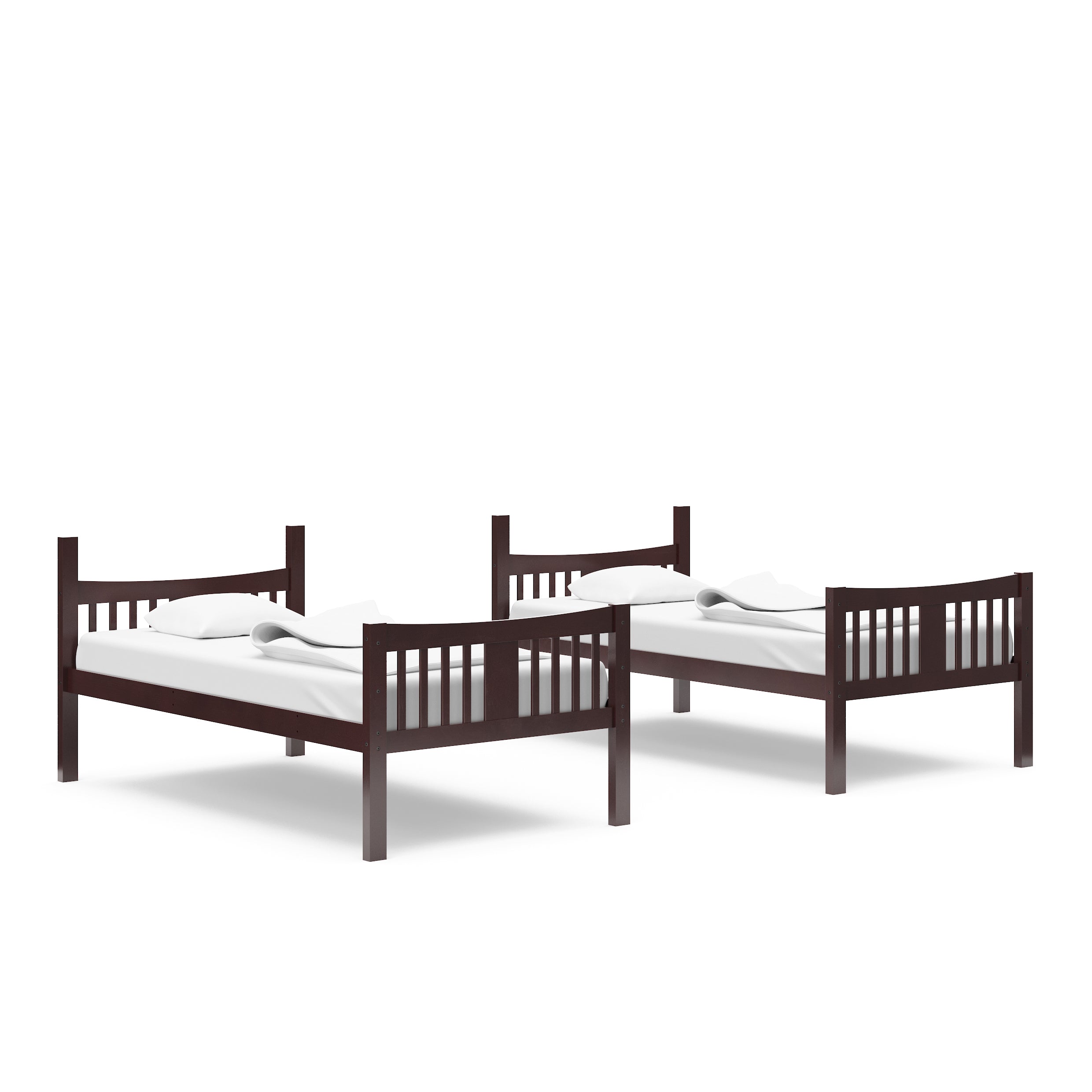 espresso bunk bed configured as two separate twin beds