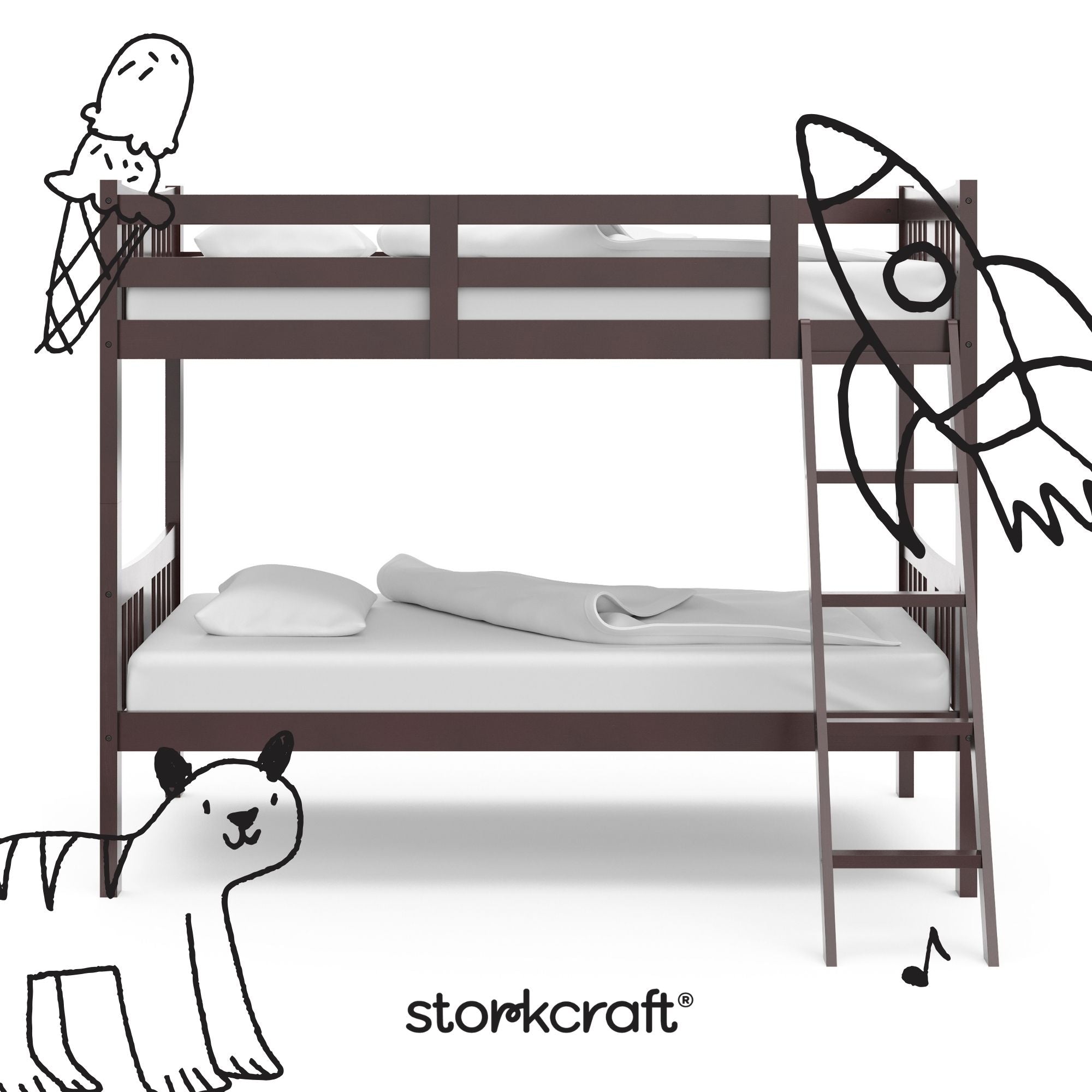 Caribou espresso twin bunk bed twin bed with black doodles overlaid on image