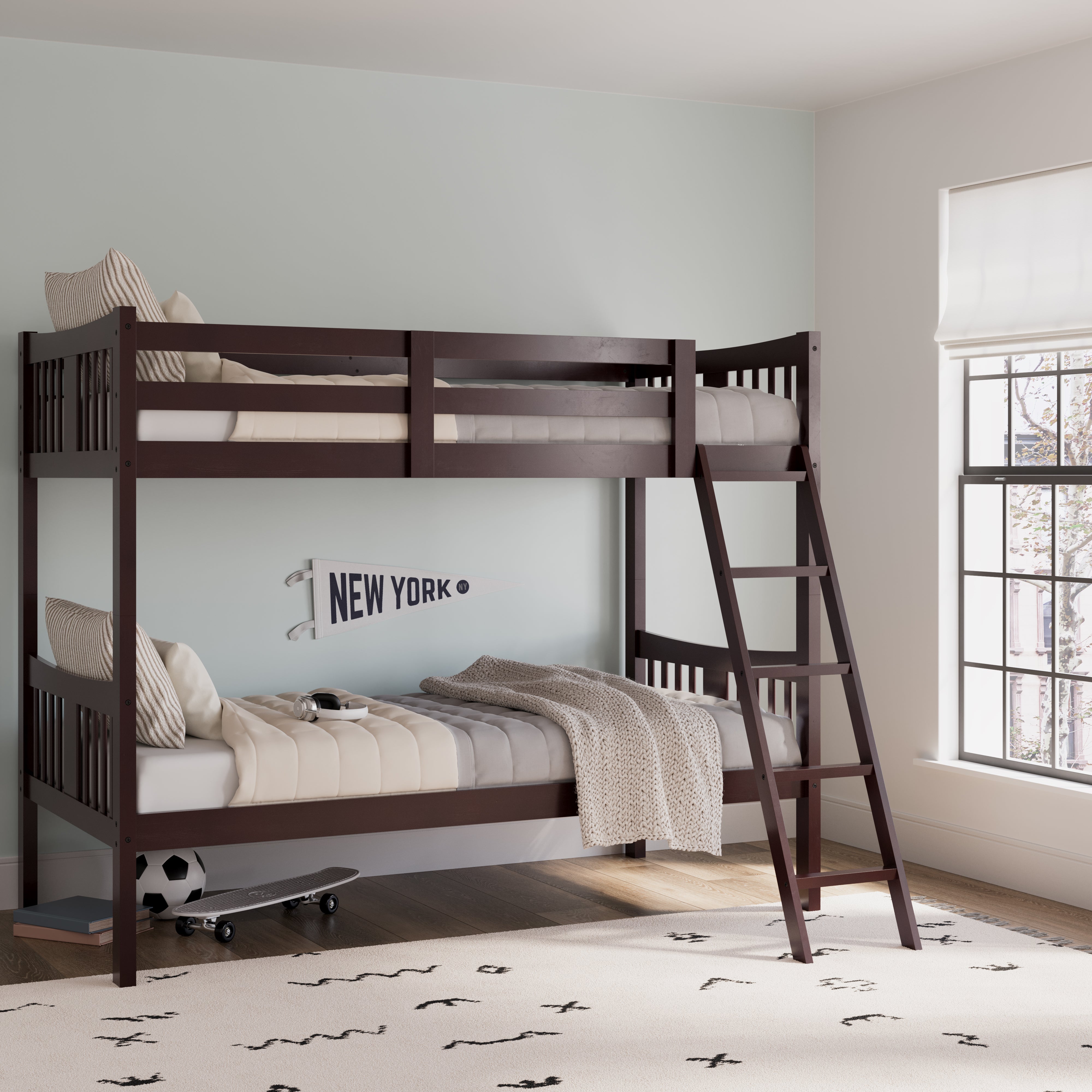 navy bunk bed with fixed ladder in nursery