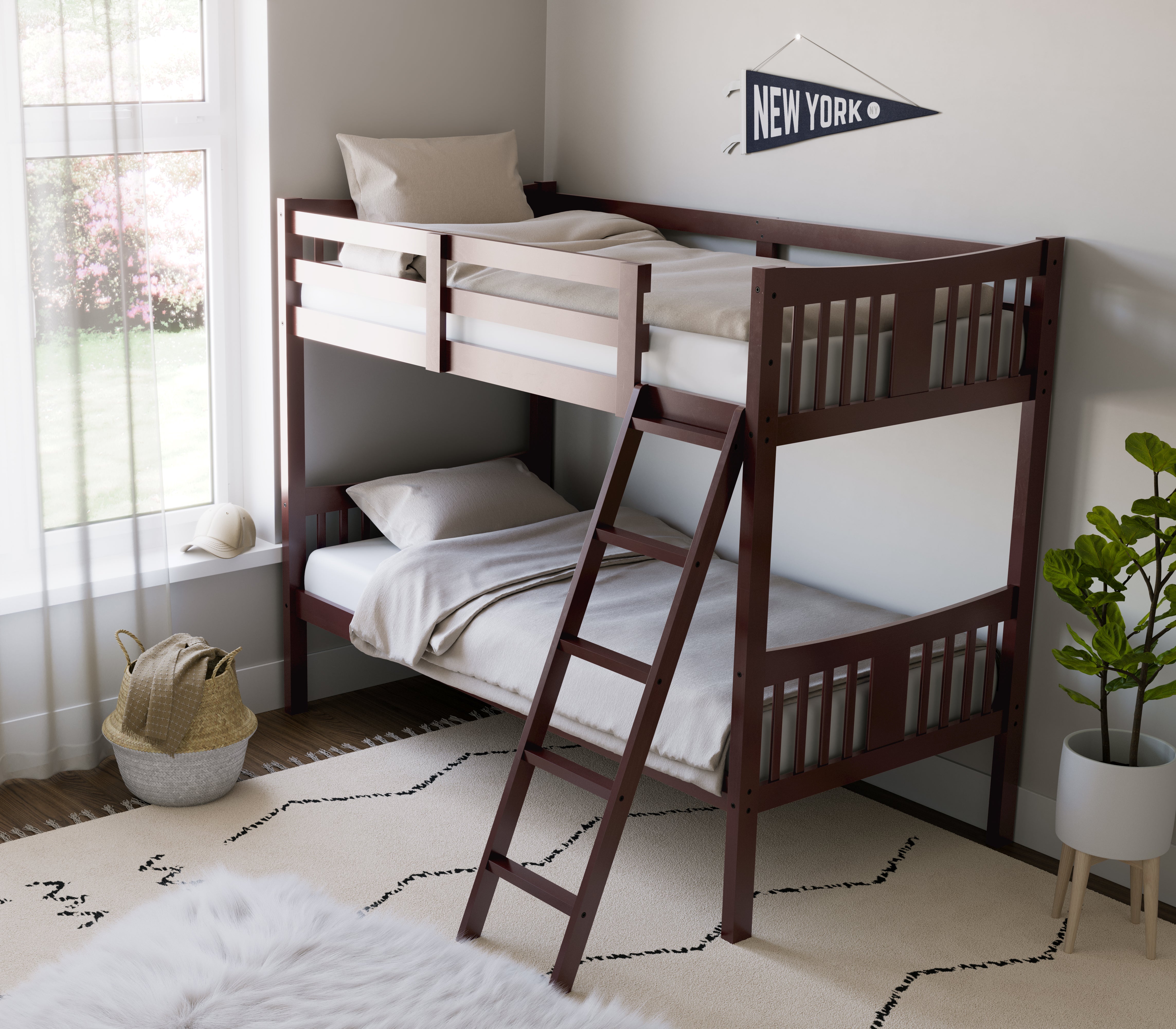 espresso bunk bed with fixed ladder in nursery