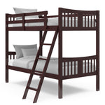 espresso bunk bed with fixed ladder angled with bedding