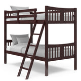 espresso bunk bed with fixed ladder angled with bedding