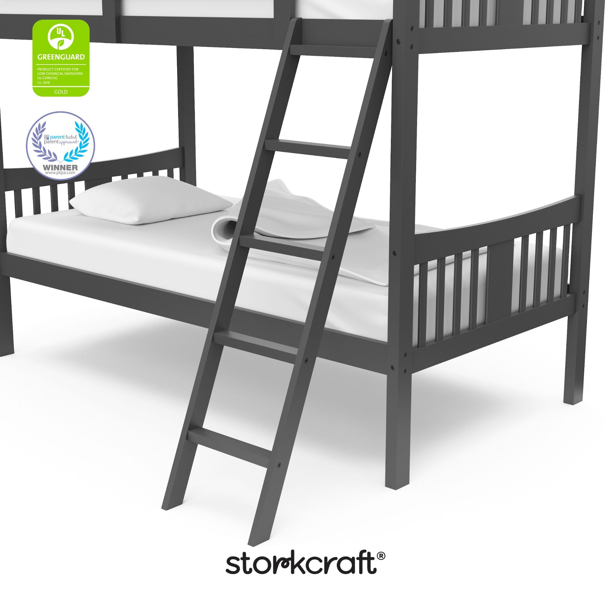 Caribou gray twin bunk bed twin bed with GGG and PTPA logo on top left