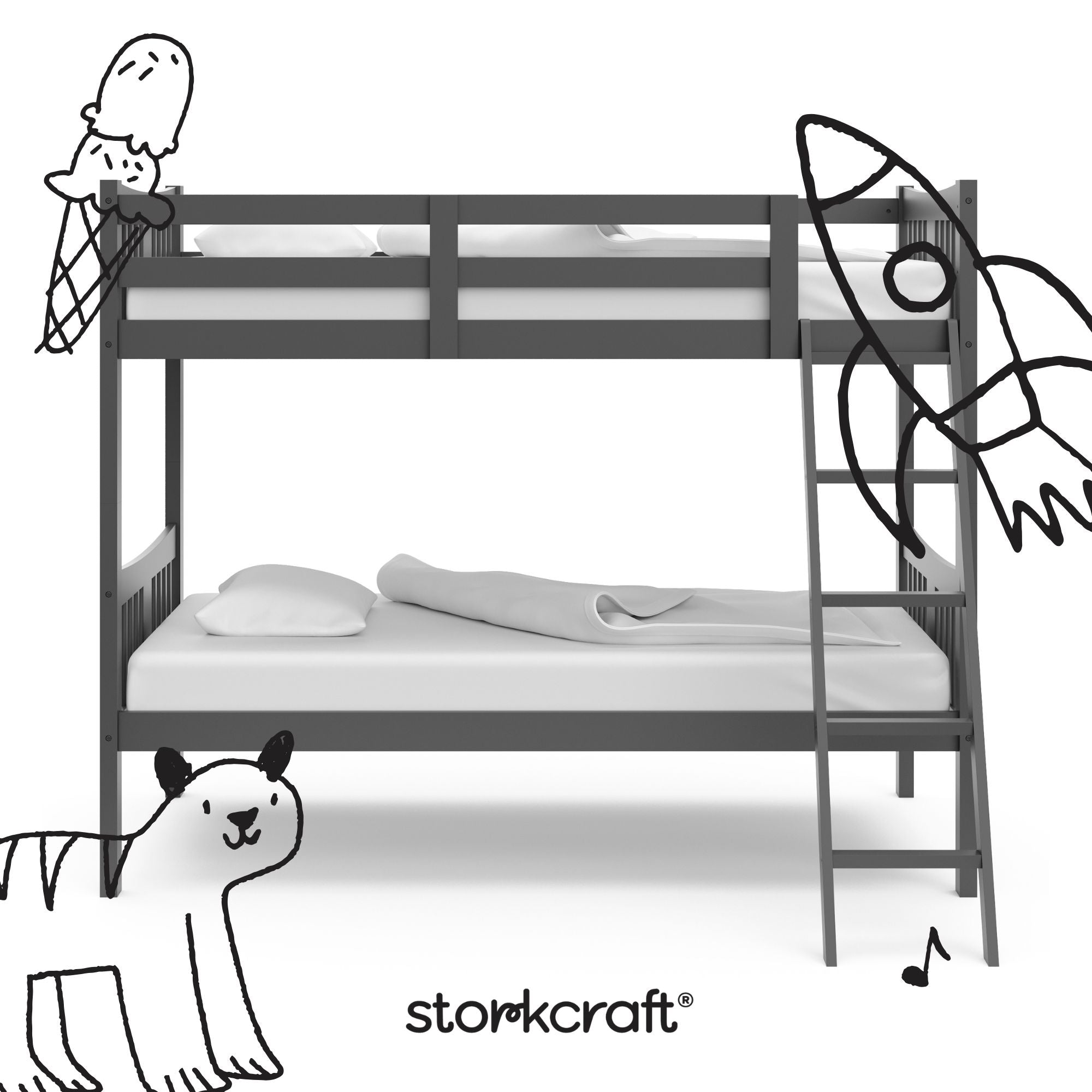 Caribou gray twin bunk bed twin bed with black doodles overlaid on image